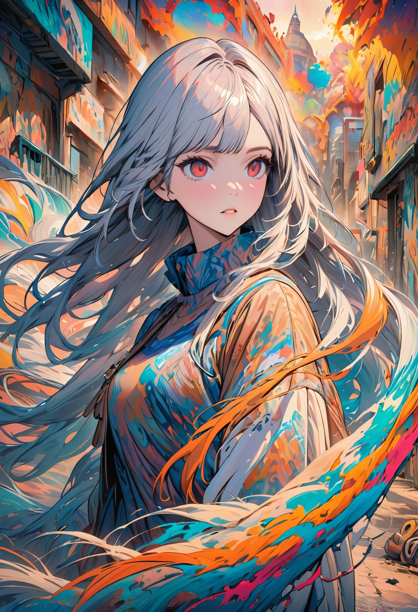 (best quality:1) , (masterpiece:1), (ultra detailed:1), 1girl, (Julia Burch:1.4), 1girl, (cover art, abstract, surrealism, comic, excessively long hair:1.3), (silver and yellow multicolored hair, red eyes:1.2), (graffiti, street:1.1)