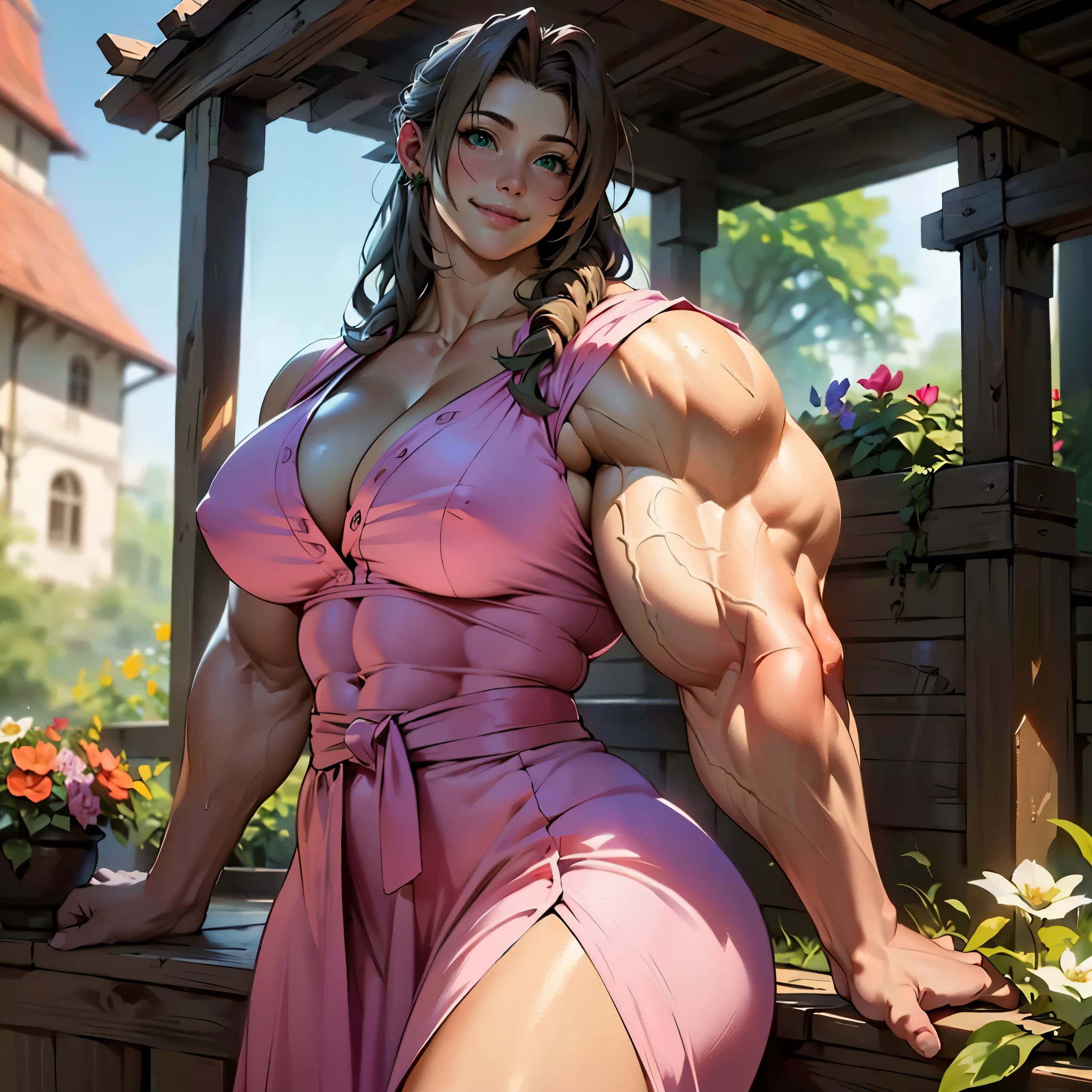 (masterpiece, best quality, highres:1.3), (realistic:1.3), FF7Aerith, (hyper muscular:1.7), (massive breasts), (thin waist:1.2), (massive thighs:1.2), (gigantic ass), (detailed, beautiful face), green potion, flower stand, (pink:1.2) dress, open smile, head tilt, (pleased expression), (realistic style:1.3)