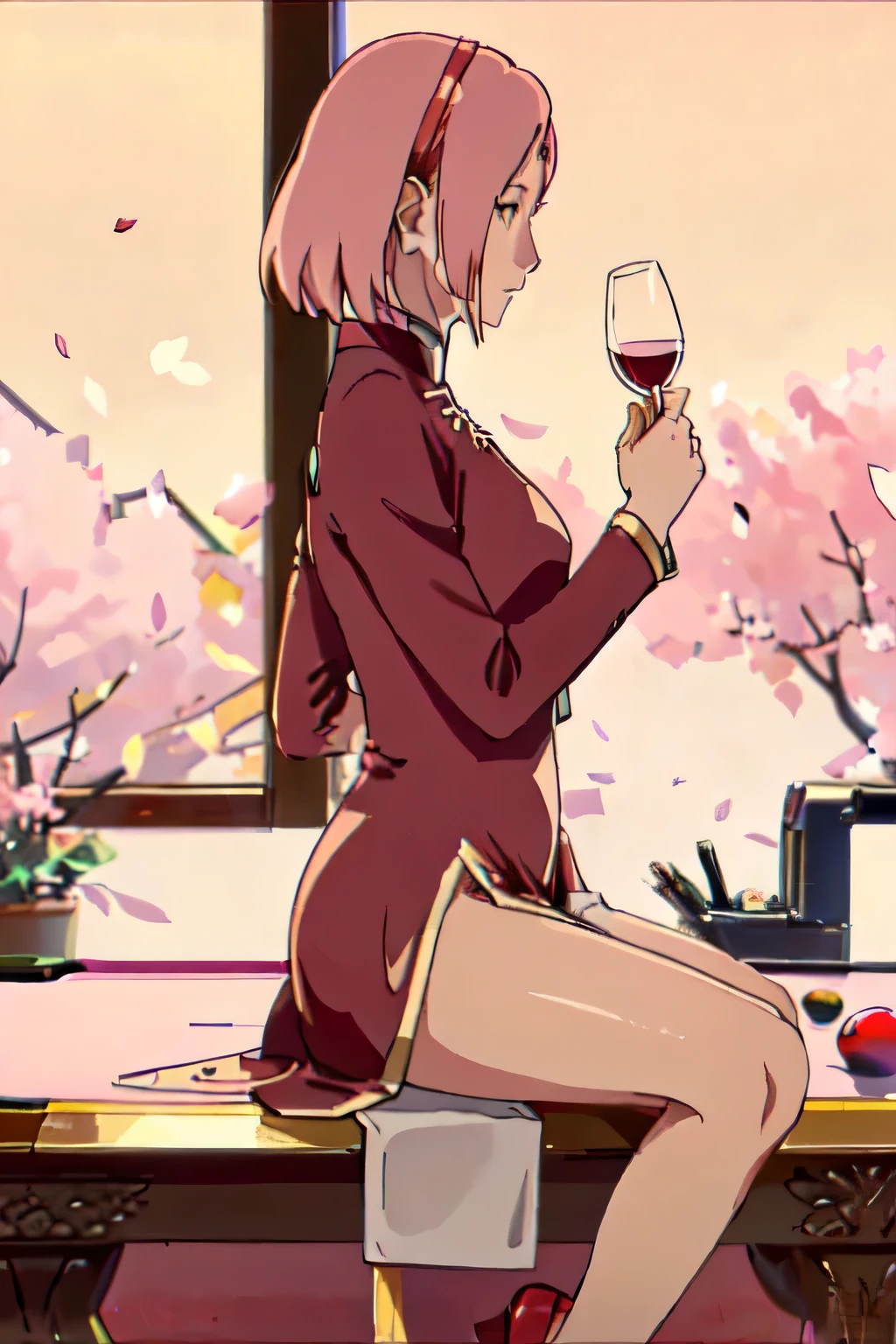 Madura sakura haruno, small breasts, piernas delgadas, (wearing a bright red satin dress), (Vista de perfil derecha mirando al horizonte.), (zapatillas rojas), (sentado en una mesa de billar), (Con una copa de vino), (with a melancholic and thoughtful look), (con cabello suelto y ondulado), (in a garden full of cherry blossoms), (with soft golden lighting).