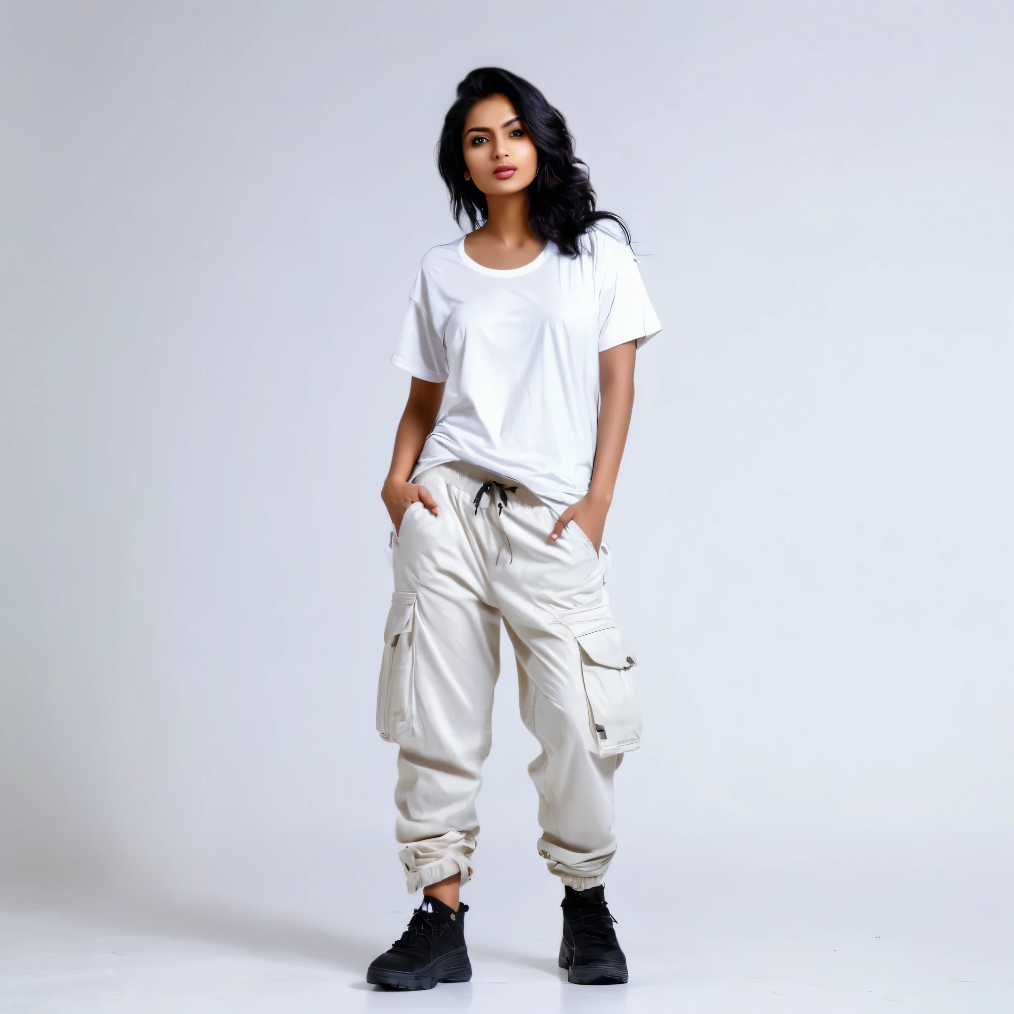 (8k, RAW photo, best quality, masterpiece:1.2), (realistic, photo-realistic:1.37), Indian woman supermodel wearing streetwear oversized full white t-shirt and cargo pants, front pose, posing in a studio with creamy white background, studio light, super high resolution, f2 lens, bokeh, , professional lighting, photon mapping, radiosity,
