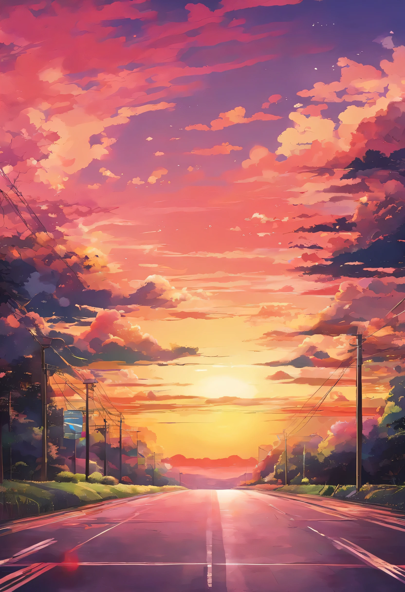 The never-ending road.Sunset、The sky is dyed with beautiful colors。Fantastic sky. crystal clear skies.High quality down to the smallest detail. fantastic landscape .
