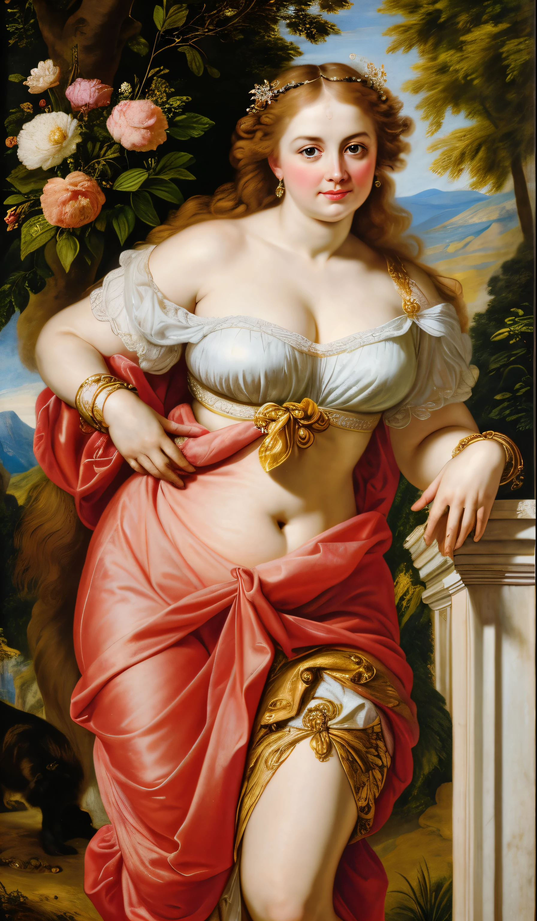 Original Character, ethereal beauty, aesthetic, Masterpiece, 45 years old lady, thick figure, Full figured woman, Best quality, high clarity eyes, critically flawless,sharp picture, styled hair, long hair, fluffy hair, Full portrait, High pixels, perfect face, perfect eyes, beautiful face, perfect hands,perfect fingers, in Peter Paul Rubens style, by Peter Paul Rubens, baroque style, acrylic on canvas, highly detailed, description: "Create a nymph inspired by the tales of Greek or Roman mythology, embodying the essence of a natural element or location, and possessing a unique ability or trait that sets her apart.", extremely sfw,