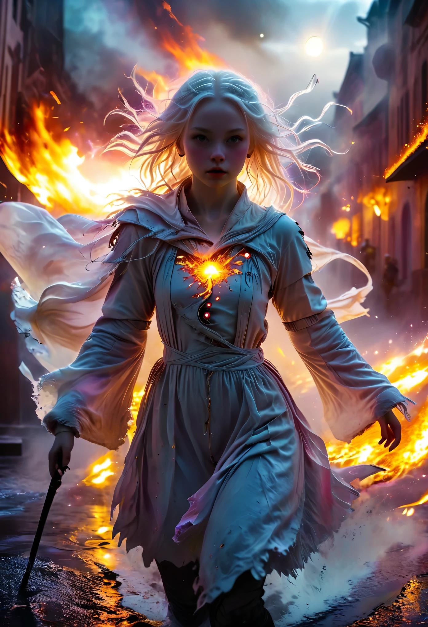 In a celestial dreamy letscape, an albinos Beautiful girl running in the night city, trying to escape to shadows, , the light comes from the moon, il neige, elle a peur, elle pleure, coverbook, chaotic scene, the background is a night city on fire, (((des poursuivant armés la suivent))), dangerous scene, guerre, bataille, lance lumineuse, chaos, fire et fury, 8K, extremely detailed, high quality, (photorealistic:1.37), Full body, vibrant colors, perfect lighting, soulful expressions, celestial aura, majestic presence, dreamlike atmosphere, 8 k artistic photography, photorealistic concept art, soft natural volumetric cinematic perfect 
