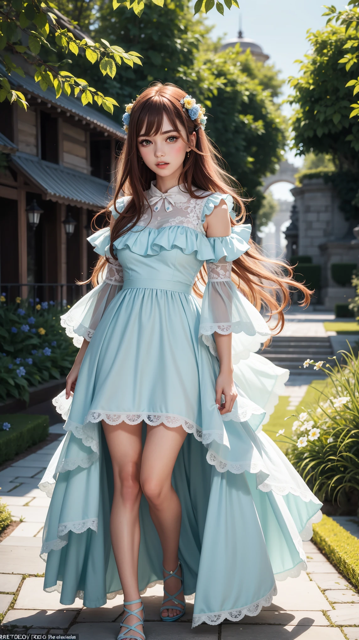 beautiful young woman, European appearance (European look), (((redheads))) beautiful thick hair ((brown-haired)), blue eyes, blue dress (with frills and lace), hair decorated with flowers, blooming royal garden, romantic atmosphere