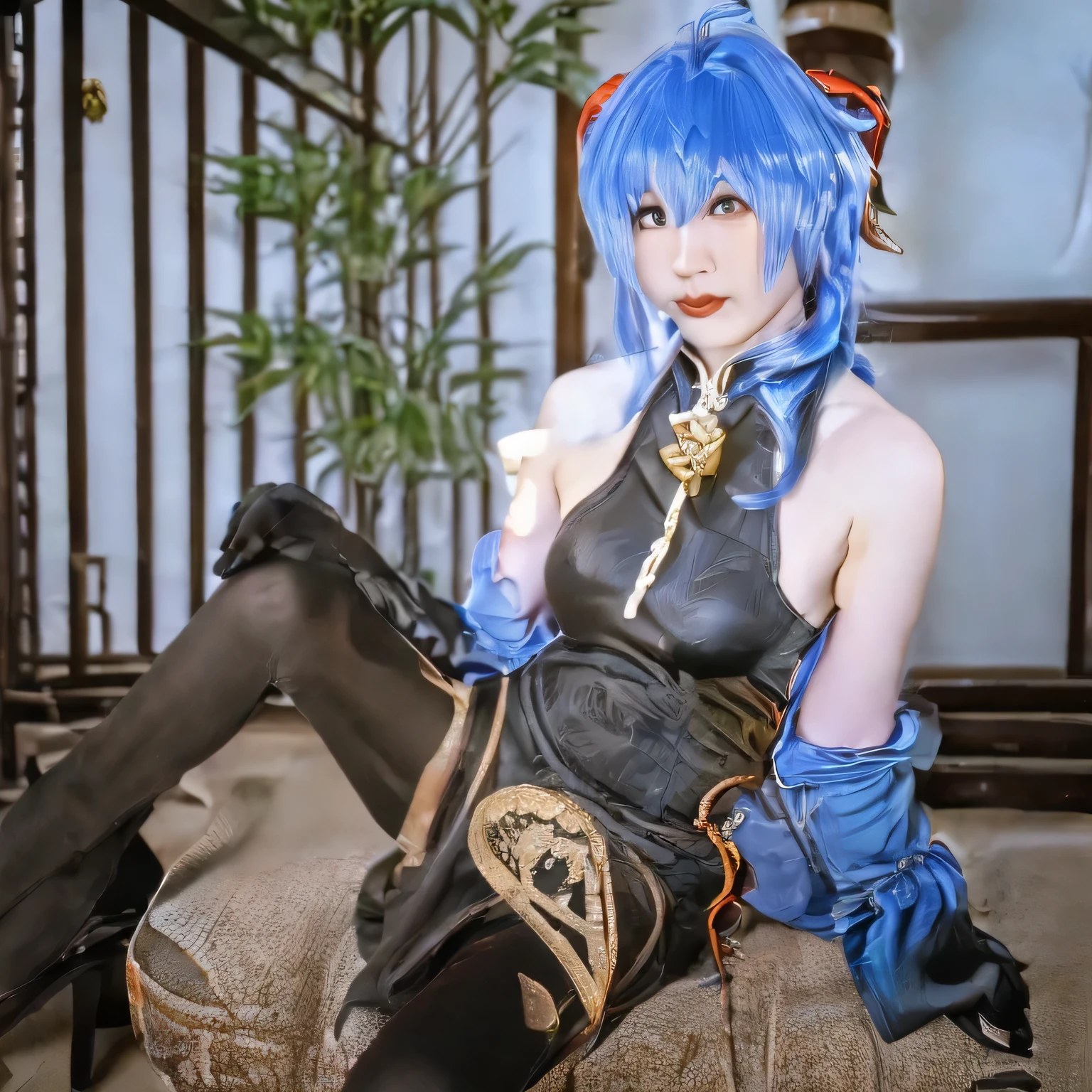 Photorealistic, high resolution, 1womanl, Solo, Hips up, view the viewer, (Detailed face), ahoge, architecture, bangs, Bare shoulders, bell, Black gloves, Black pantyhose, (Blue hair), Blush, Breasts, Chinese knot, Detached sleeves, east asian architecture, flower knot, mitts, Horns, Long hair, Ganyu \(Genshin Impact\)