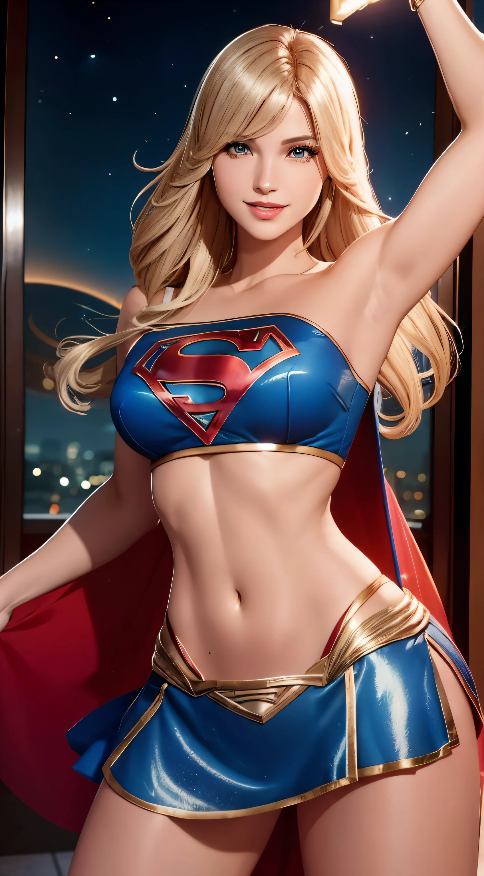 high cinematic quality, fotografia profissional, cena de fantasia, Supergirl stopping a missile, supergirl usa terno preto e dourado, terno sexy,com uma camada flutuante e um "s" No peito. Totally sexy in sensual dynamic pose, Fantasia Sexy Supergirl . She puts her hands on her blonde hair in a sensual way, sorriso lindo com dentes perfeitos e brancos. 