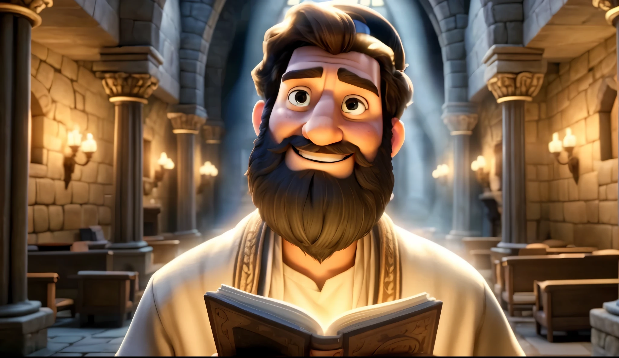 In the image, there is a cartoon man with a beard holding an open book. He is wearing a robe and has a smile on his face. He is standing in a room with several chairs and religious symbols on the walls. The room has a medieval architecture with stone walls and arches. The cartoon character is the main focus of the image, while the book he is holding adds a sense of depth and story to the scene. 4k, unreal engine render, epic pixar art