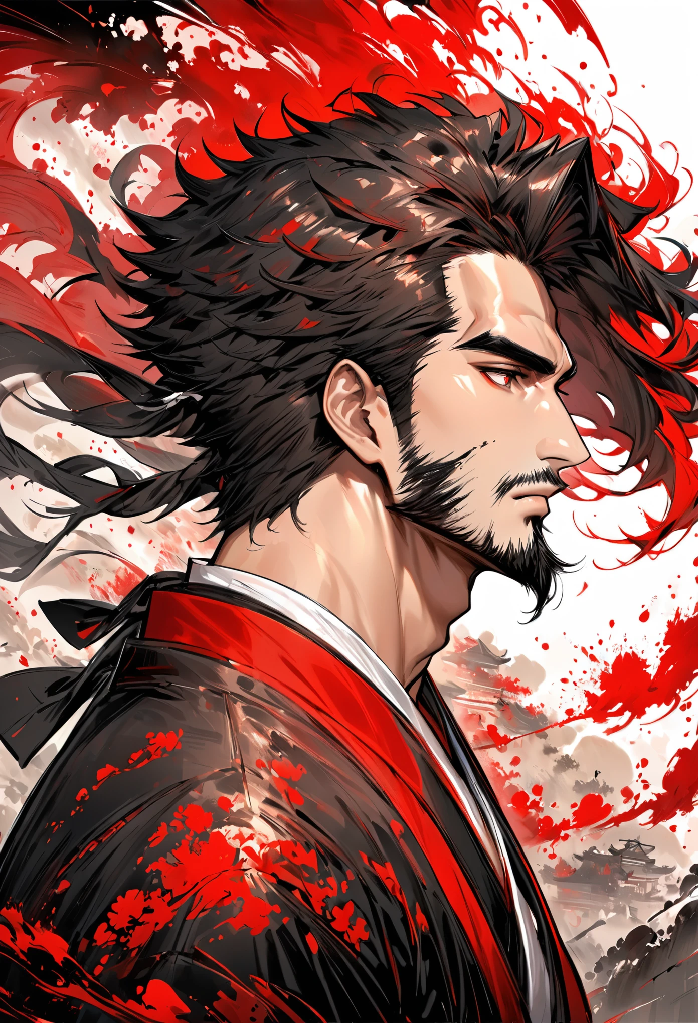 (masterpiece,best quality,),
baixl-shuimo, solo, 1boy, male focus, red theme, hair in wind, profile, paint splatter, ink wash painting, red and black, facial hair,Rich details,line art,