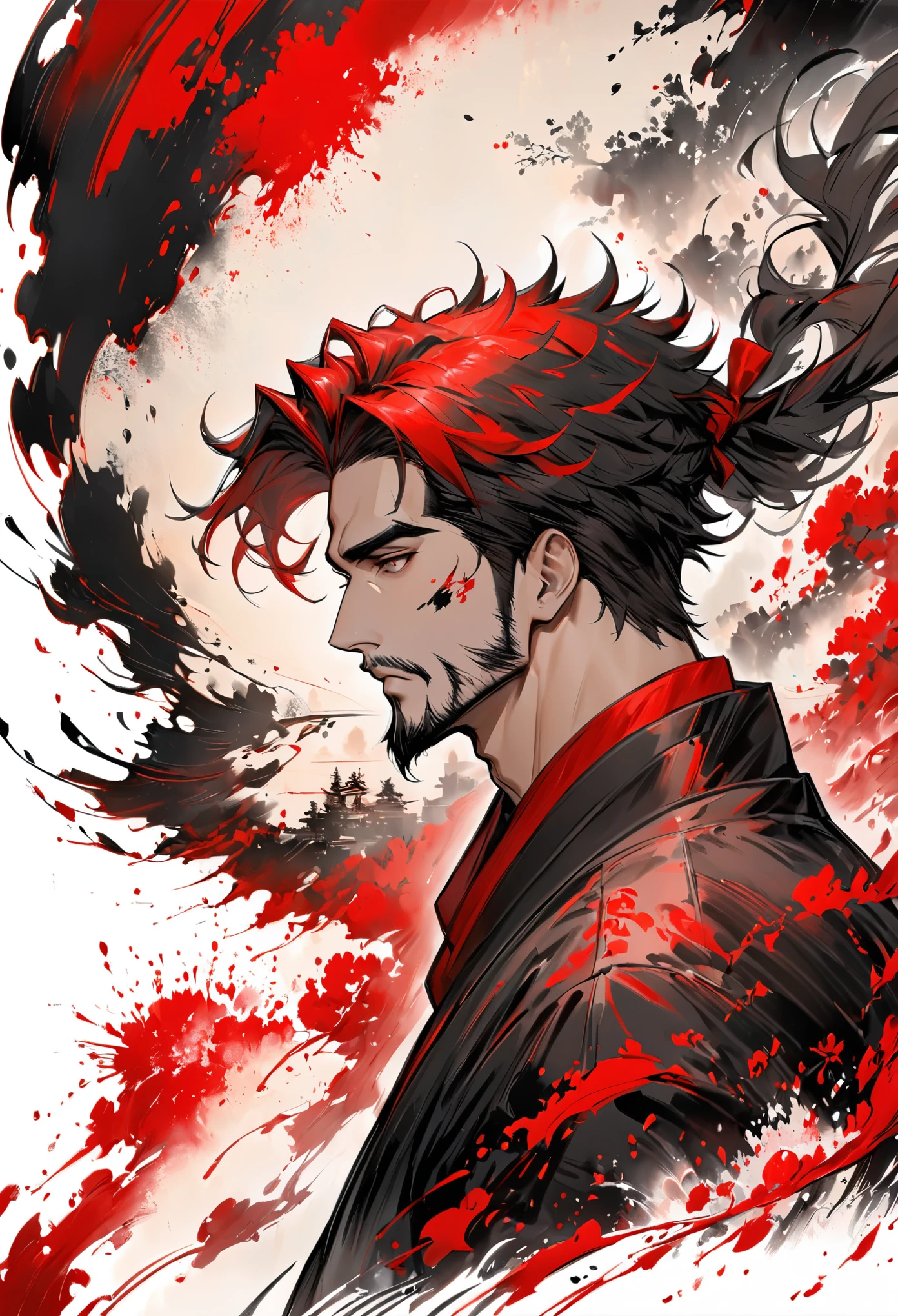 (masterpiece,Best quality,),
Baischl-Shuimo, One, 1 boy, male focus, red theme, Hair in the wind, profile, splashes of paint, ink for drawing, Red and black, facial hair,rich details,line art,