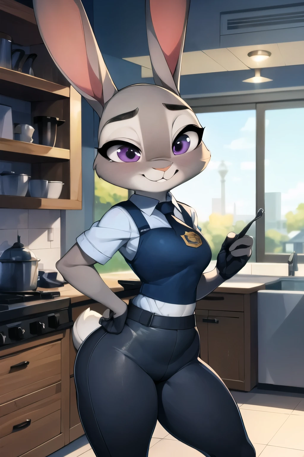 best quality, chef-d&#39;artwork, seulement, 1fille,  Judy Hopps, uniforme de police, sexy , squatte,