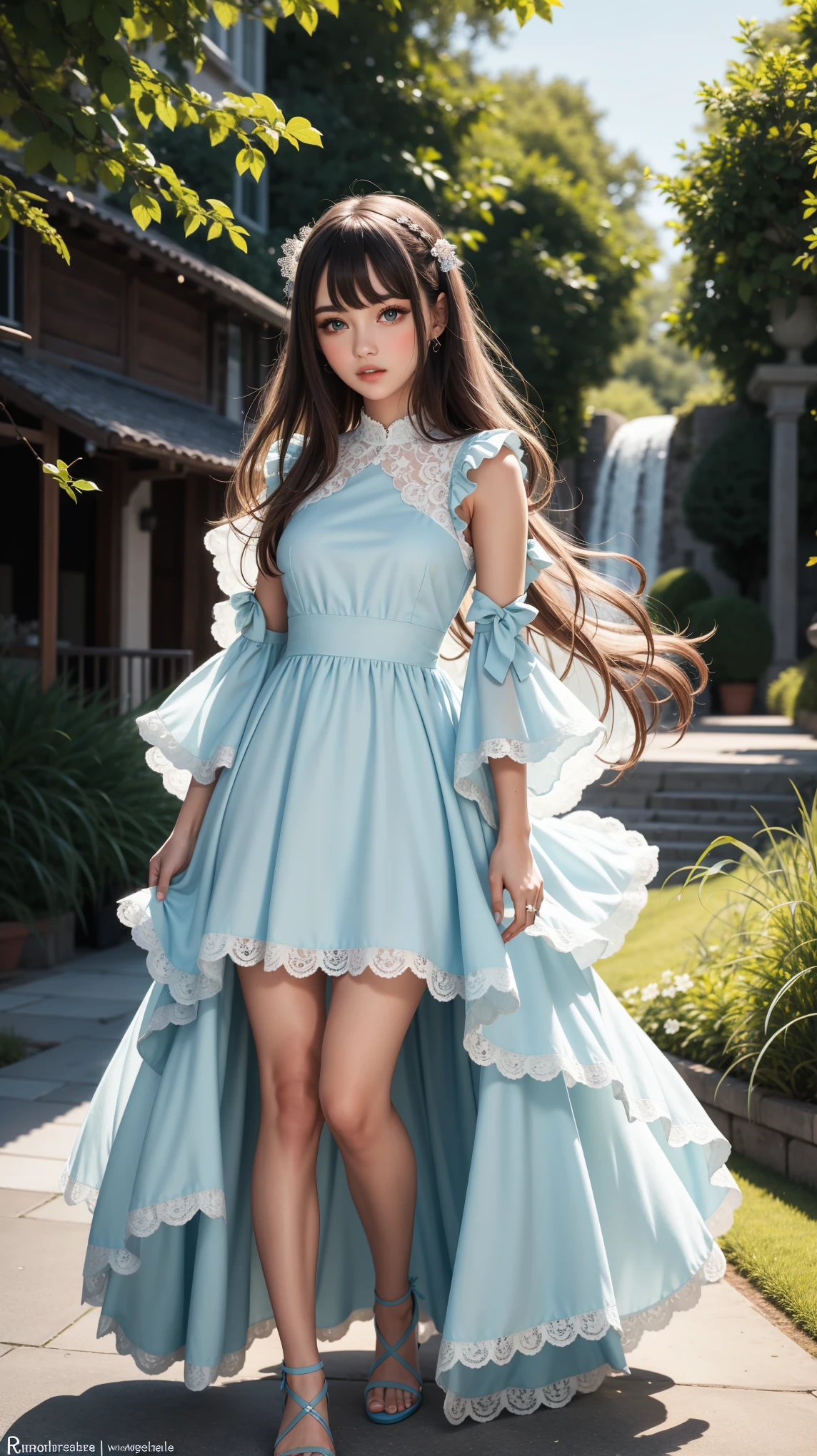 beautiful girl, European appearance (European look), ((black)) beautiful thick long hair ((brunette)), blue eyes, sky blue dress (with ruffles and lace)