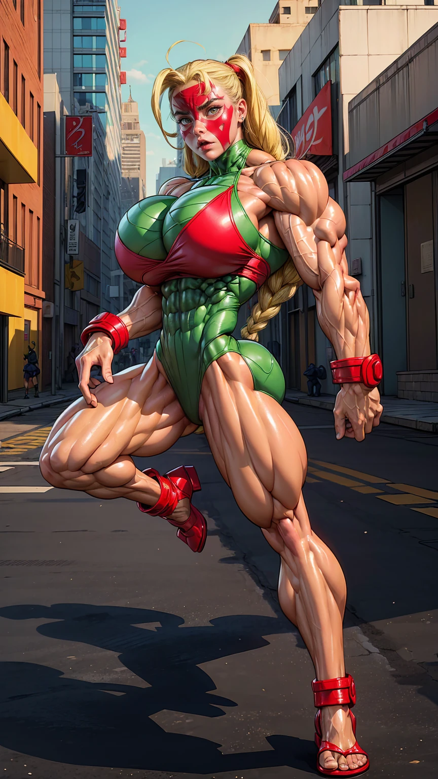 (1 girl), (cammy from street fighter), young girl, muscular feminine physique, seductive face, seductive look, long blonde hair, perfect muscular body, super skinny legs, (swollen bulging pecs:1.15), (combat ready pose), (huge muscular arms:1.15), 