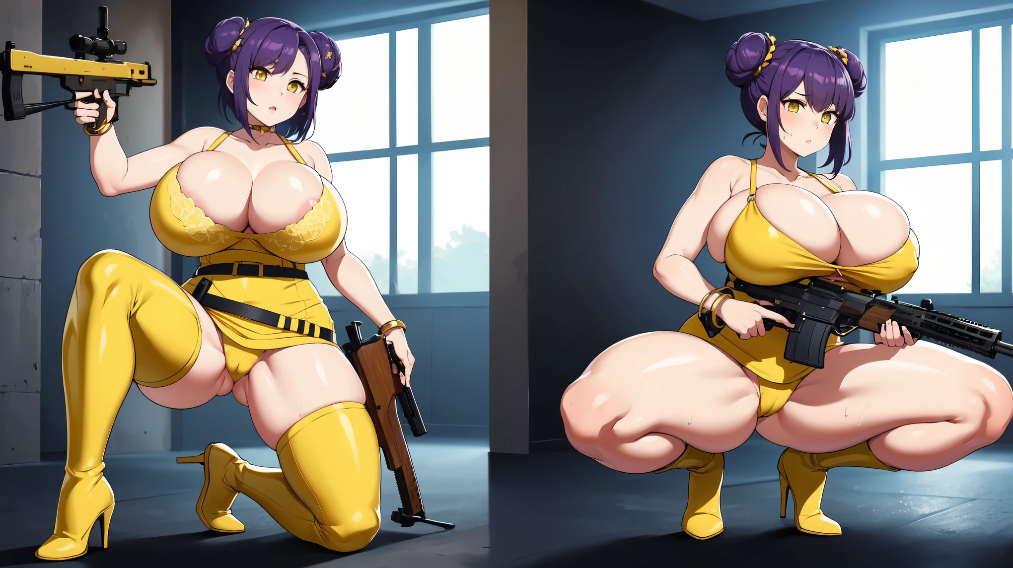 Slime girl, (slime), Slime hair Double buns hair style, Pumpkin Orange, weapon belt, Masterpiece, Best Quality, gigantic breasts, slime girl, slime girl, purple hair, lavender hair, yellow clothes, weapon belt around waistline, rifle, long rifle, AR-15 Rifle, assault rifle, exposed yellow bra, yellow clothing, wearing yellow clothing, fully body view, tight yellow dress, Rifle in hand, mature woman, gorgeous, perverted, sexy, yellow dress, exposed chest, exposed bra, exposed breast, black boots/heels, gold bracelets around wrist, holding rifle, aiming with rifle, tactical stance, tactical gear, sweaty body, long legs, tall woman, lustful yellow eyes, yellow lingerie