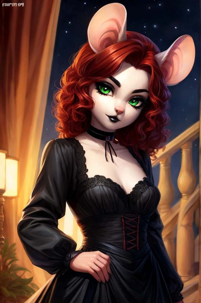 score_9, score_8_up, score_7_up, score_6_up, best quality, solo, (high resolution, masterpiece, detailed), furry, female, light fur, light ears, red hair, black eyebrows, green eyes, mouse girl, small breasts, mouse tail, curly hair, black eyeshadow, black lipstick, goth, choker necklace, elegant traditional-style formal dress, nighttime,