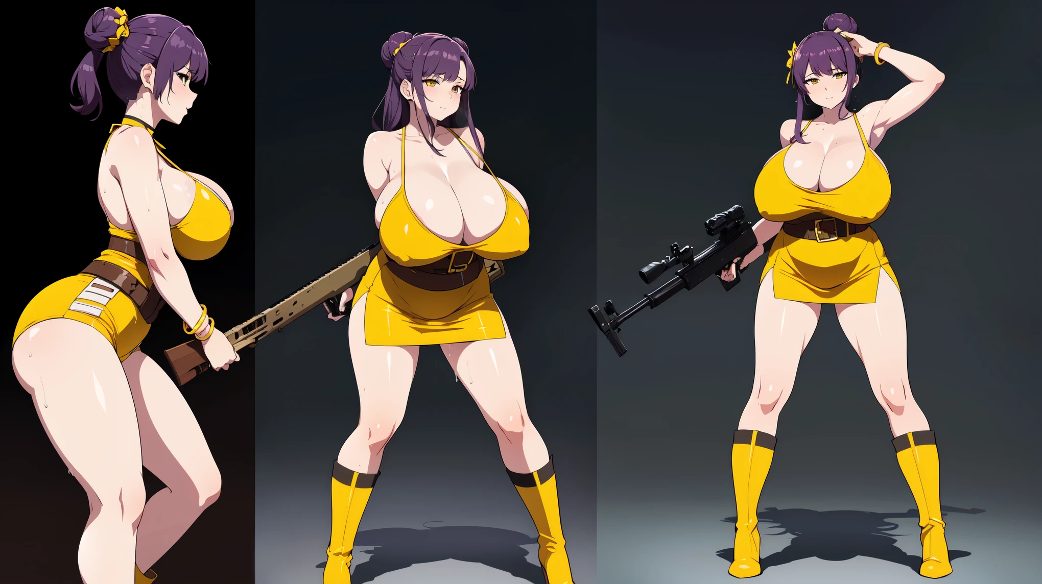 Slime girl, (slime), Slime hair Double buns hair style, Pumpkin Orange, weapon belt, Masterpiece, Best Quality, gigantic breasts, slime girl, slime girl, purple hair, lavender hair, yellow clothes, weapon belt around waistline, rifle, long rifle, AR-15 Rifle, assault rifle, exposed yellow bra, yellow clothing, wearing yellow clothing, fully body view, tight yellow dress, Rifle in hand, mature woman, gorgeous, perverted, sexy, yellow dress, exposed chest, exposed bra, exposed breast, black boots/heels, gold bracelets around wrist, holding rifle, aiming with rifle, tactical stance, tactical gear, sweaty body, long legs, tall woman, lustful yellow eyes, yellow lingerie 