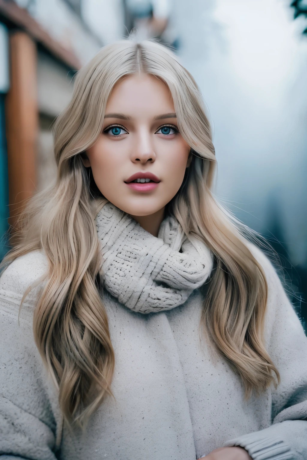 proFessional portrait photograph oF a gorgeous Norwegian girl in winter clothing with long wavy blonde hair, sultry Flirty look, gorgeous symmetrical Face, lindo maquillaje natural, wearing elegant warm winter Fashion clothing, ((parado afuera en una calle nevada de la ciudad)), impresionante entorno urbano moderno, ultra realista, arte conceptual, elegant, muy detallado, intrincado, sharp Focus, depth oF Field, F/1. 8, 85mm, tiro medio, plano medio, (((proFessionally color graded))), bright soFt diFFused light, (volumetric Fog), tendencia en instagram, hdr 4k, 8K
