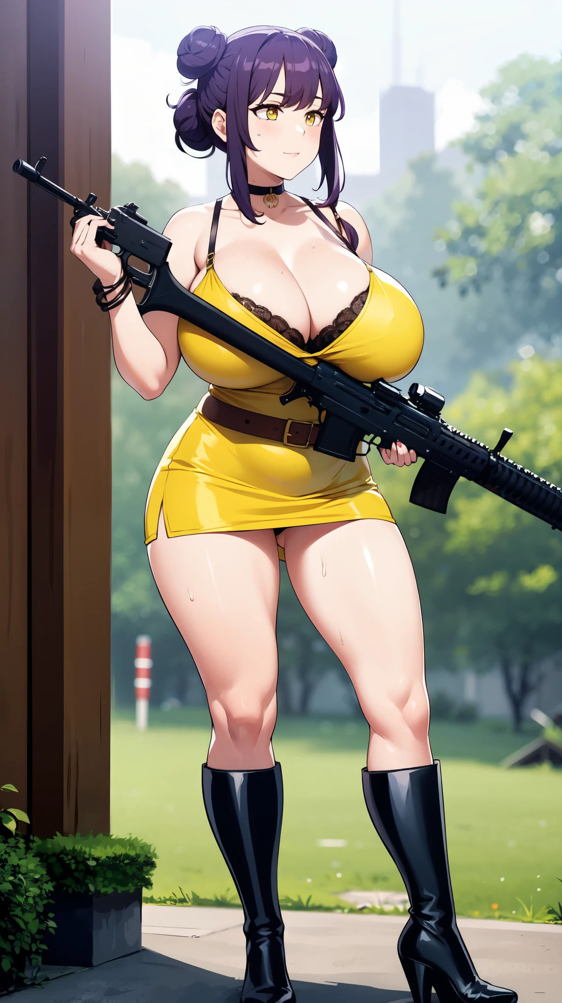 Slime girl, (slime), Slime hair Double buns hair style, Pumpkin Orange, weapon belt, Masterpiece, Best Quality, gigantic breasts, slime girl, slime girl, purple hair, lavender hair, yellow clothes, weapon belt around waistline, rifle, long rifle, AR-15 Rifle, assault rifle, exposed yellow bra, yellow clothing, wearing yellow clothing, fully body view, tight yellow dress, Rifle in hand, mature woman, gorgeous, perverted, sexy, yellow dress, exposed chest, exposed bra, exposed breast, black boots/heels, gold bracelets around wrist, holding rifle, aiming with rifle, tactical stance, tactical gear, sweaty body, long legs, tall woman, lustful yellow eyes, yellow lingerie , Slime girl, (slime), Slime hair Double buns hair style, Pumpkin Orange, weapon belt, Masterpiece, Best Quality, gigantic breasts, slime girl, slime girl, purple hair, lavender hair, yellow clothes, weapon belt around waistline, rifle, long rifle, AR-15 Rifle, assault rifle, exposed yellow bra, yellow clothing, wearing yellow clothing, fully body view, tight yellow dress, Rifle in hand, mature woman, gorgeous, perverted, sexy, yellow dress, exposed chest, exposed bra, exposed breast, black boots/heels, gold bracelets around wrist, holding rifle, aiming with rifle, tactical stance, tactical gear, sweaty body, long legs, tall woman, lustful yellow eyes, yellow lingerie, mature body, mature face, dark purple hair color, purple hair