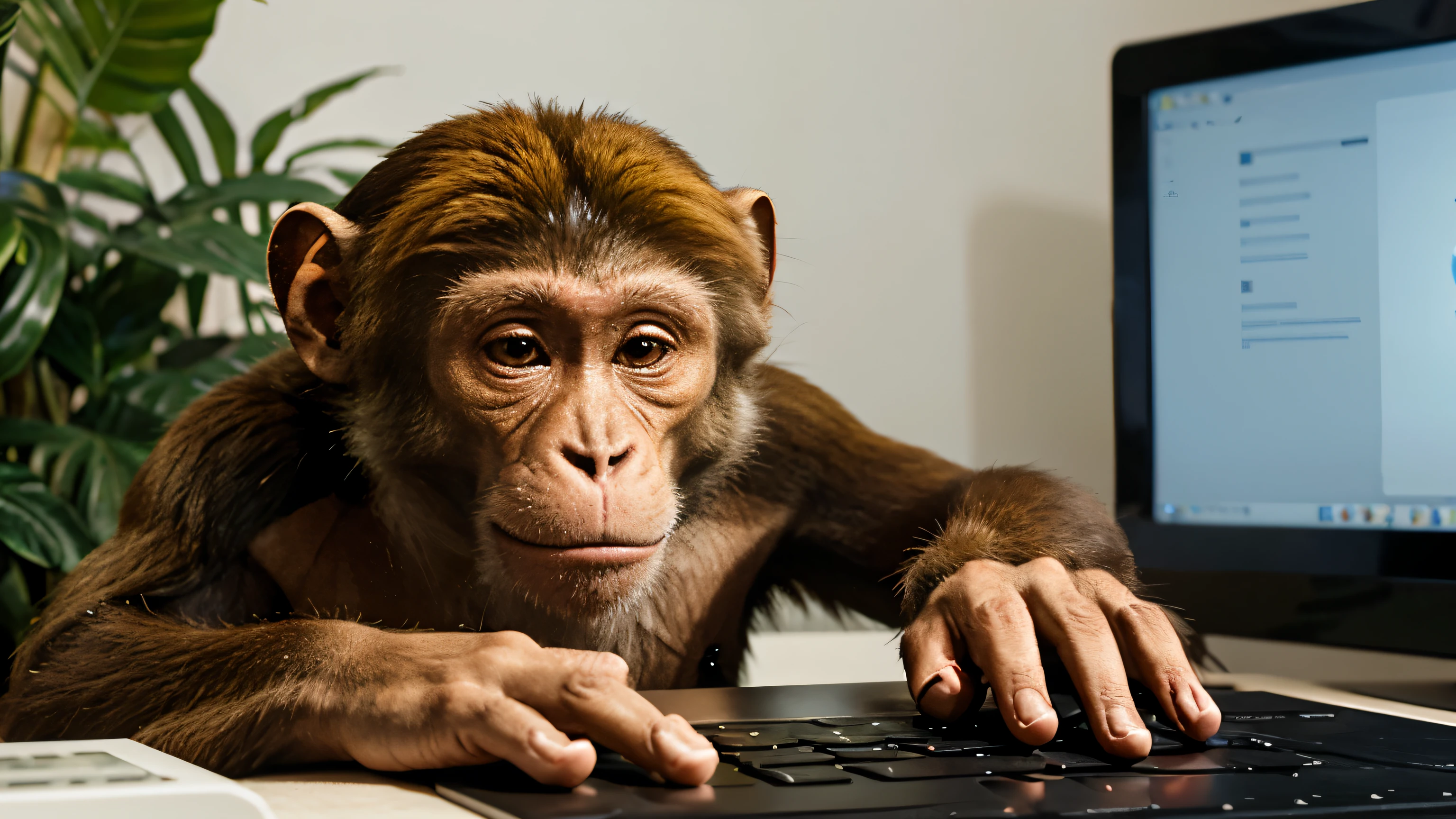 animal, a monkey looking at a computer screen with his hand on the keyboard