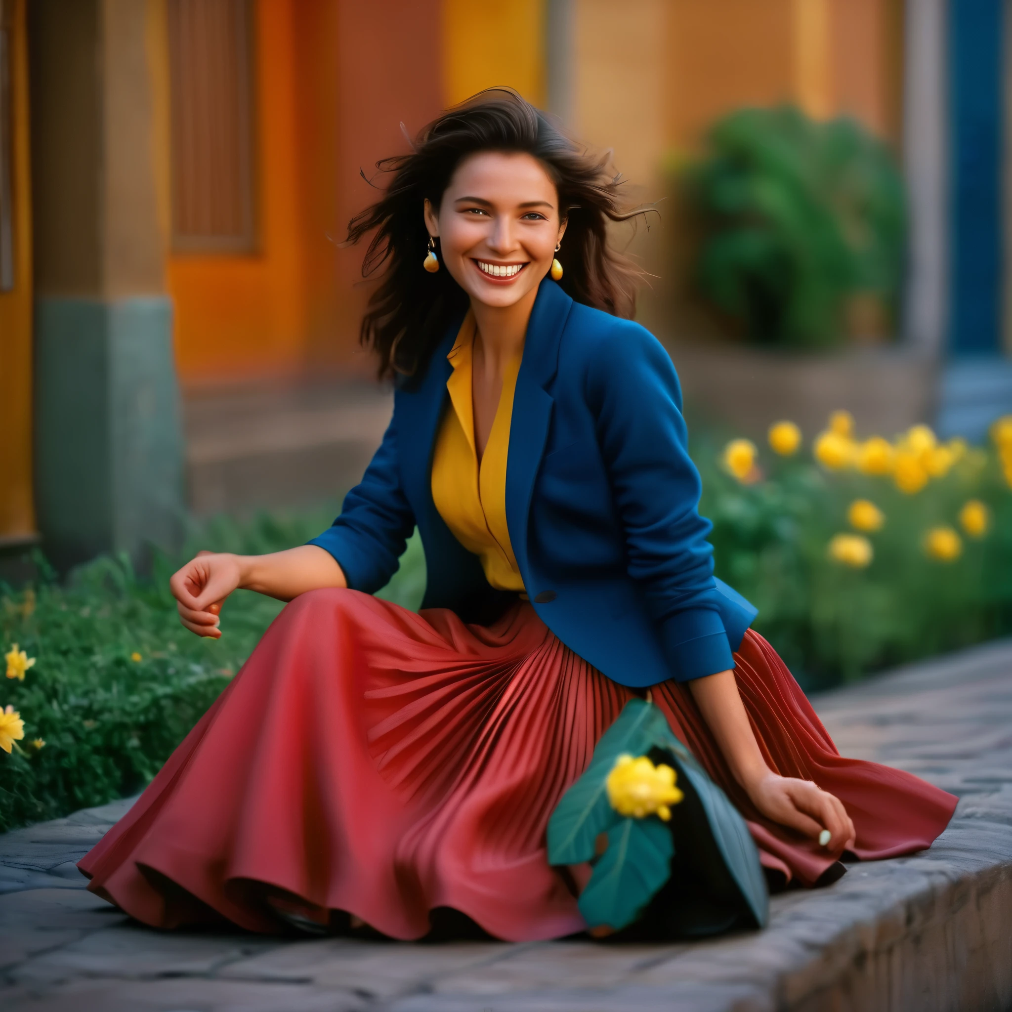 A smiling, authentic, (shy:1,3), kind, beautiful woman, is passionately in love with her skirt, sitting down on the ground while wind lifts her skirt, wearing short blazer and very, very detailed (long (fully pleated) full circle skirt) and (low heeled court shoes), very, very intricate hyper-detailed symmetric (attractive graceful young feminine face) with (sad, tired eyes and a loving smile), very voluptuous breasts, full of empathy and compassion and love, (pronounced (feminine) features), (highly detailed ultra accurate realistic) hands and fingers, (windy), epic composition, highly detailed attributes, (35mm f1.4 Kodak portra 400 photograph), extremely high quality RAW photograph, highly detailed atmosphere, sci-fi, cinematic shot, dynamic lighting, 75mm, Technicolor, Panavision, cinemascope, sharp focus, fine details, 8k, HDR, realism, realistic, key visual, film still, superb cinematic color grading, depth of field