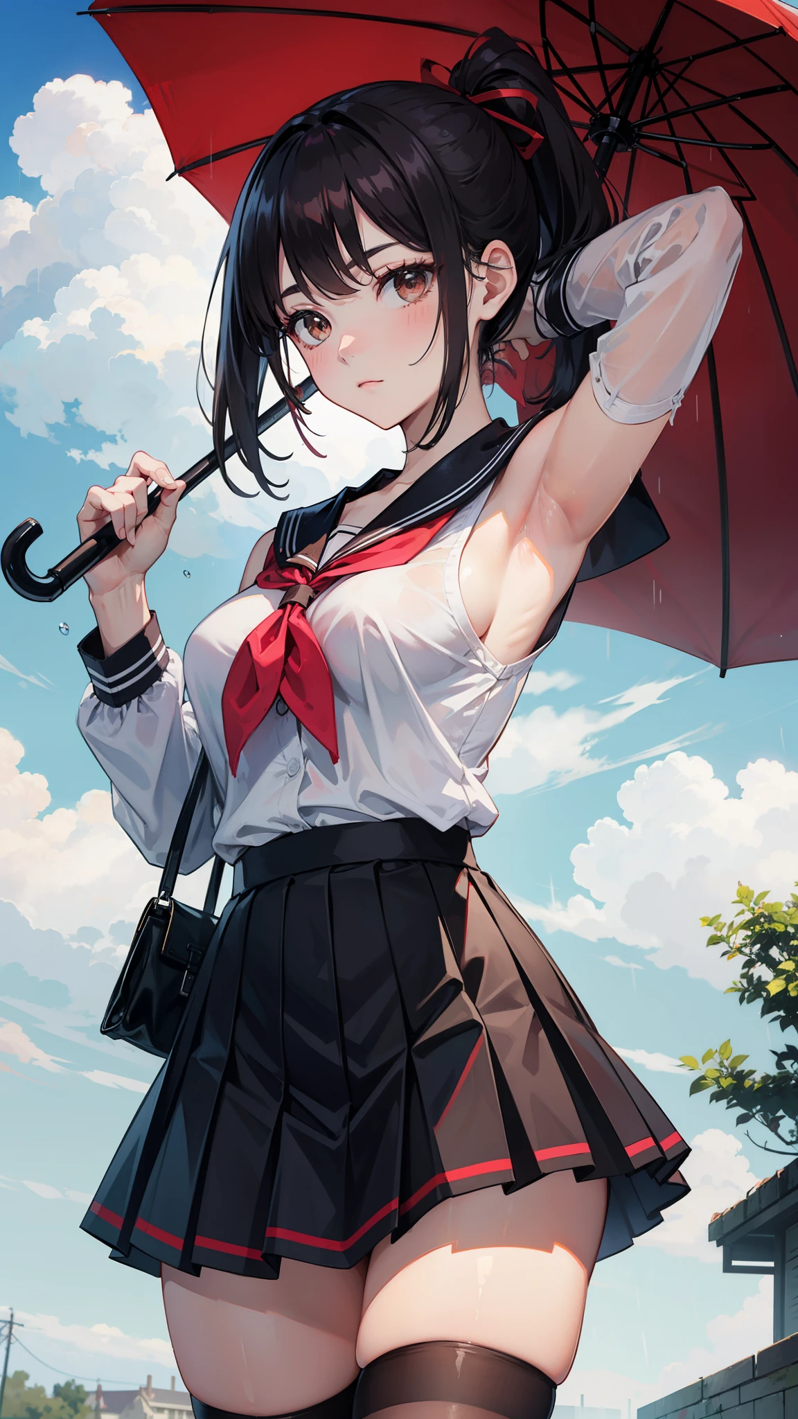 rain, rating:safe, 1girl, solo, skirt, long_hair, holding, detached_sleeves, pleated_skirt, thighhighs, breasts, sleeveless, brown_eyes, weapon, black_skirt, sailor_collar, holding_weapon, very_long_hair, umbrella, brown_hair, ponytail, long_sleeves, cowboy_shot, holding_umbrella, looking_at_viewer, black_legwear, armpits, zettai_ryouiki, closed_mouth, sleeveless_shirt, shirt, miniskirt, bare_shoulders, cloudy_sky, ribbon, blush, bangs, red_neckwear, sidelocks, thighs, hair_ribbon, outdoors, standing, neckerchief, large_breasts, school_uniform, cloud, eyebrows_visible_through_hair, holding_sword, white_shirt