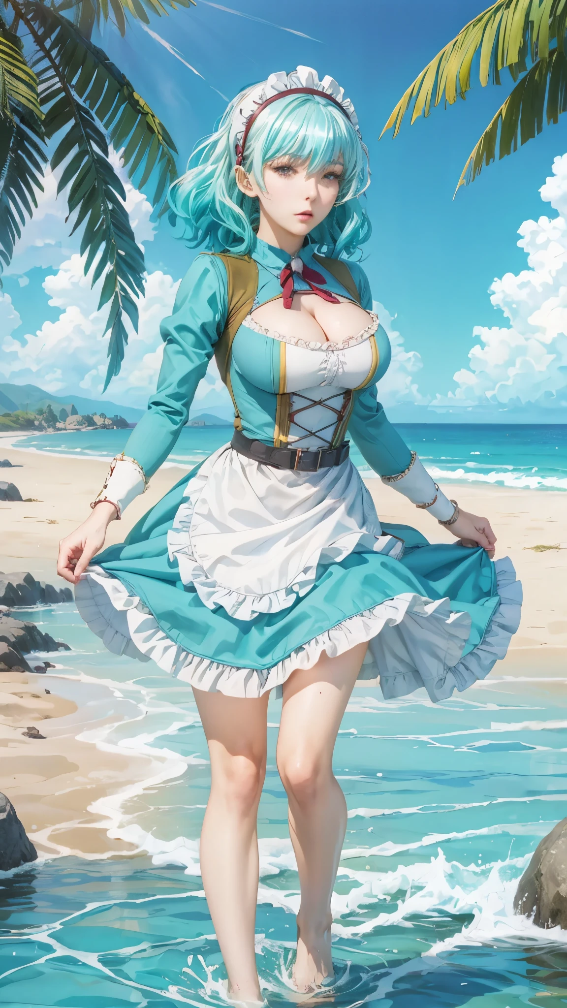 anime girl in a blue dress standing in the water near a beach, cushart krenz key art feminine, marin kitagawa fanart, splash art anime , , azure ocean, , anime girl with teal hair, trending on artstation pixiv, official art, mikudayo,  in dress