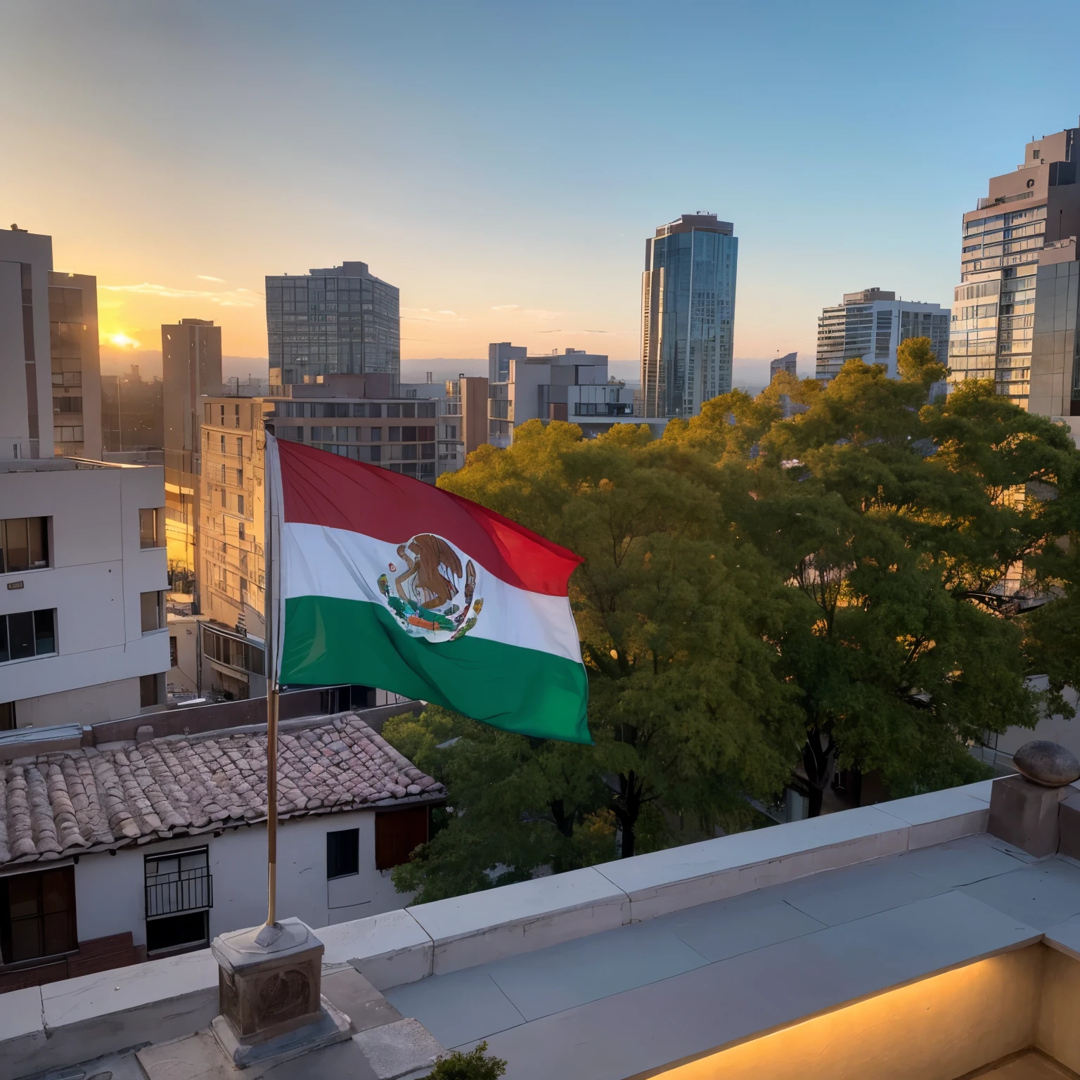 A stunning 4K UltraHD image of the Mexican Flag. The Flag is shown in a city with a dark setting and flashy lights, with the sunset in the background, casting a warm golden light on the Flag. The flag's elegant design and aggressive stance are accentuated by the flag's colors, and the city is lined with trees and buildings, providing a dynamic and scenic backdrop.