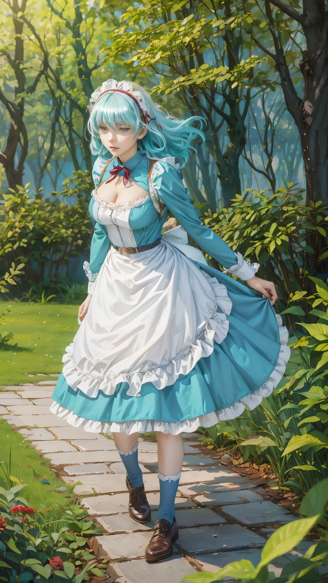 anime girl in a blue dress walking down a path in a forest, a maid in a magical forest,  in dress, a sexy maid in a magical forest, cushart krenz key art feminine, alice from alice in wonder land, , splash art anime , anime girl in a maid costume, official art