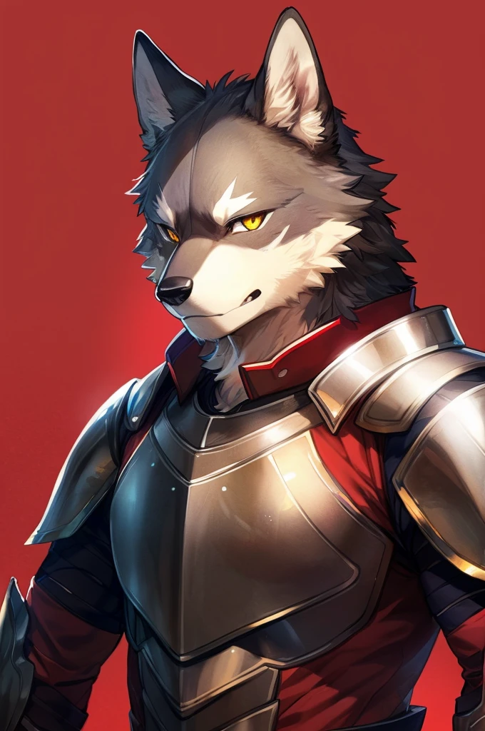 by pgm300,by fuguri,by kiyosan,by milkytiger1145,
furry,kemono,anthro,
bust portrait, 
(red background:1.25),black background,
abstract background,
male,solo,
wolf,wolf ears,wolf tail,
grey fur,yellow eyes,
looking at viewer, light frown, 
armor,plate armor,