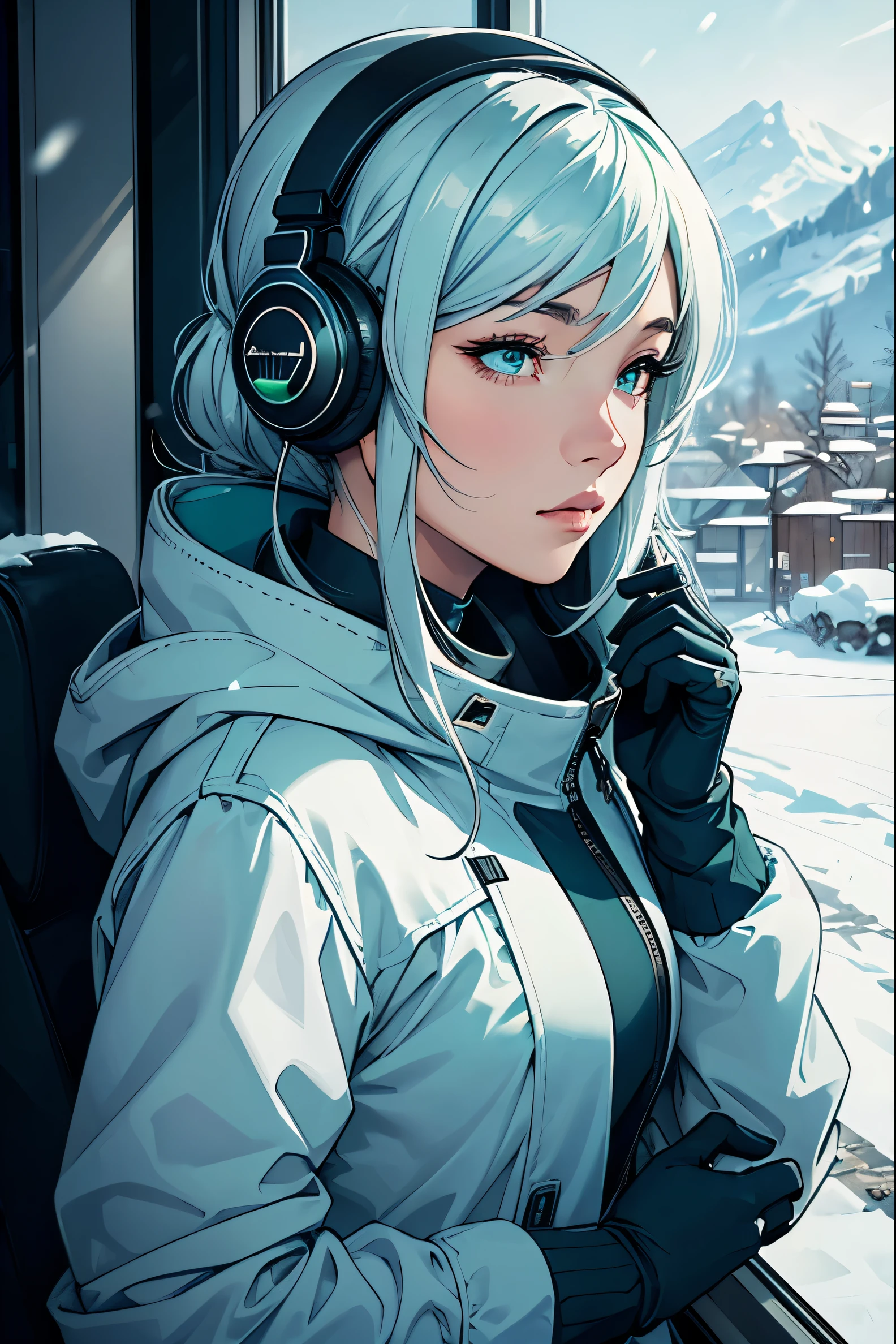 A girl wearing a light blue jacket and green gloves is riding in a shinkansen, surrounded by snow. She is a modern Japanese girl, with beautiful detailed eyes and lips. Her headphones are playing music, immersing her in her own world. The shinkansen is sleek and modern, with its characteristic bullet-like shape. The snow outside adds a touch of tranquility to the scene. The girl's face and expression are serene and calm, reflecting the peacefulness of the journey. The colors in the image are vivid and vibrant, emphasizing the modernity of the scene. The lighting is soft and diffused, casting a warm glow on the girl's face. The image quality is of the highest standard, with ultra-detailed textures and realistic rendering. The overall style of the artwork is a combination of a portrait and a landscape, capturing both the beauty of the girl and the scenic winter surroundings. The color tone is cool and refreshing, highlighting the wintry atmosphere.