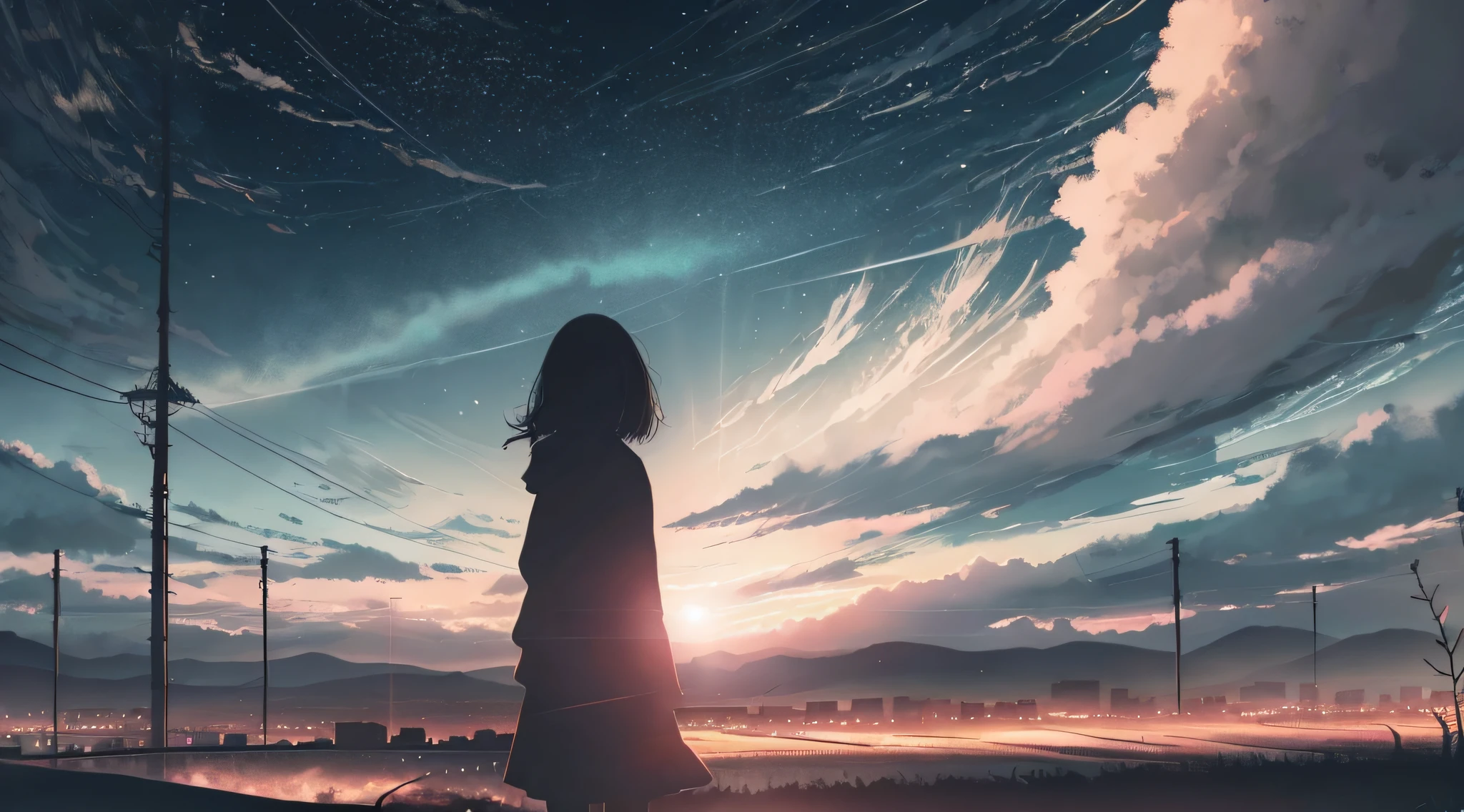 animesque,silhuette,1girl in, stele(Skysky), clouds, Countryside landscape, buliding, City, plein air, skyscraper, city light, natta, nigh sky, sunset, sky line