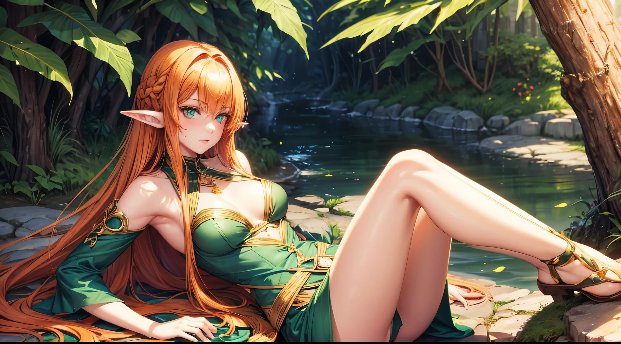 She is an elf, her hair is extremely long in orange color, her green eyes are wise. her skin is cinnamon.