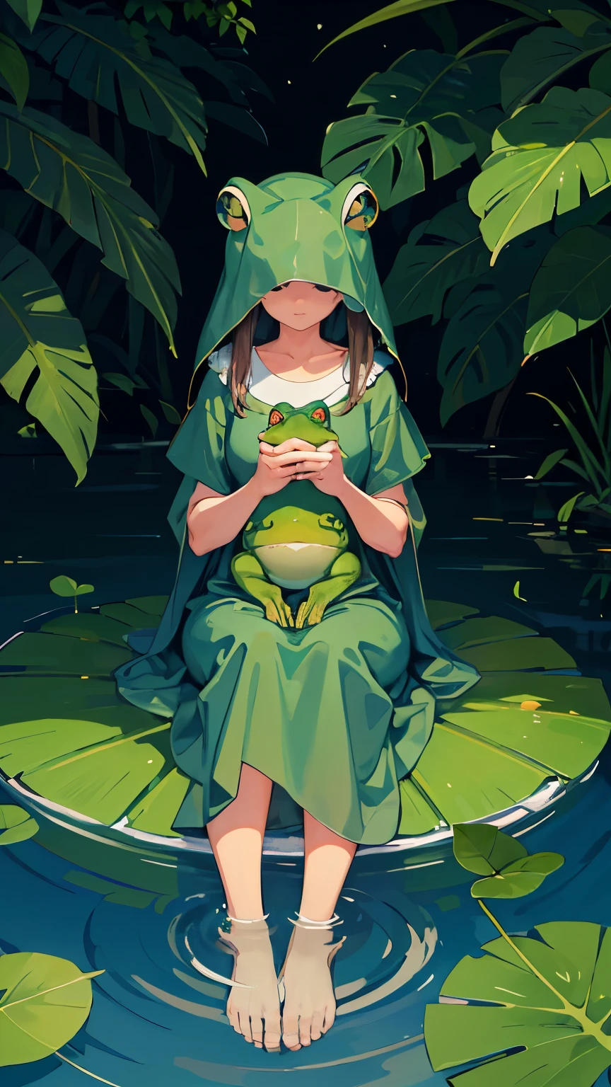 No centro da imagem, a friendly looking frog is sitting on a large green leaf, floating gently on the surface of a peaceful lake. The frog has a serene, contemplative expression on its face, enquanto suas patas traseiras descansam confortavelmente na folha.