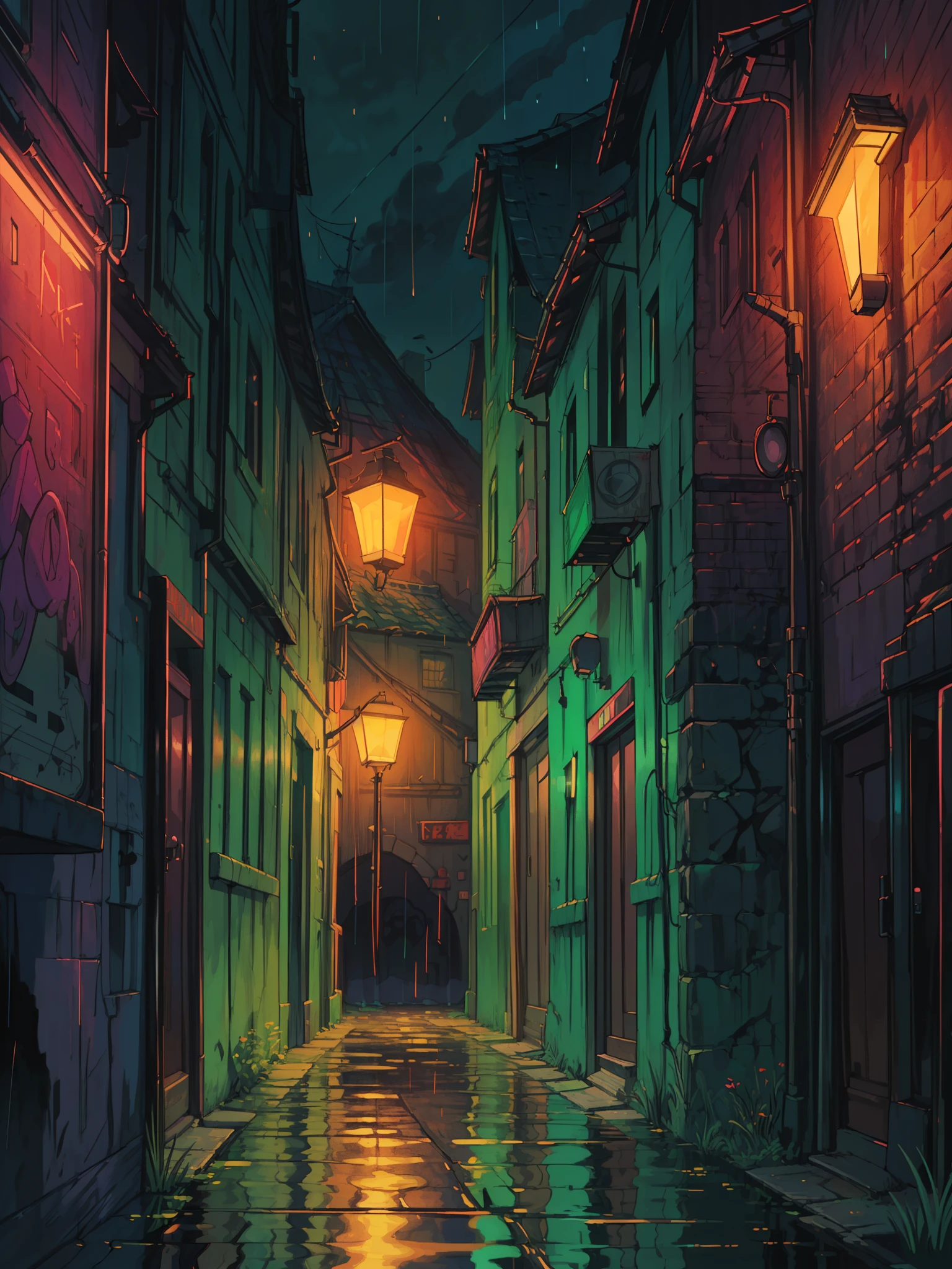 (masterpiece:1), (wide view:1.7), (a bicyle parked with a wall on cyberpunk city lane:1.6), (neon signboards:1.3), (dense green bushes all around:1.5), (night time:1.3), silence, (wires and poles:1.4), (pink and purple starry wide open sky:1.5), (bright glow of vibrant tones:1.4), (silence:1.5), magnificent sky, (volumetric light:1.2), peaceful, (raining:1.5), (long grass:1.3), (pebbles and flowers on sides:1.3), (reflection:1.5), (lofi theme:1.4), (beautiful aesthetics:1.2), (untouced beauty:1.4), beautiful tones, subtle colors, peaceful, (illustration: 1.0), epic composition, realistic lighting, (no human:1.6), HD details, masterpiece, best quality, ,