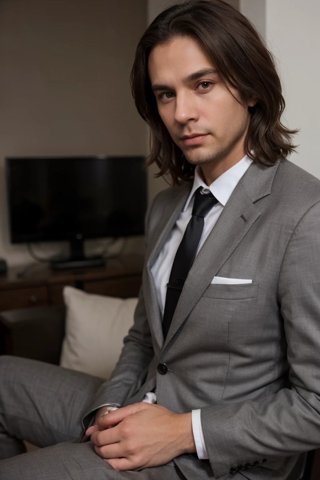 Man about 35 years old, chocolate hair color, brown eyes, wearing a black and gray suit.