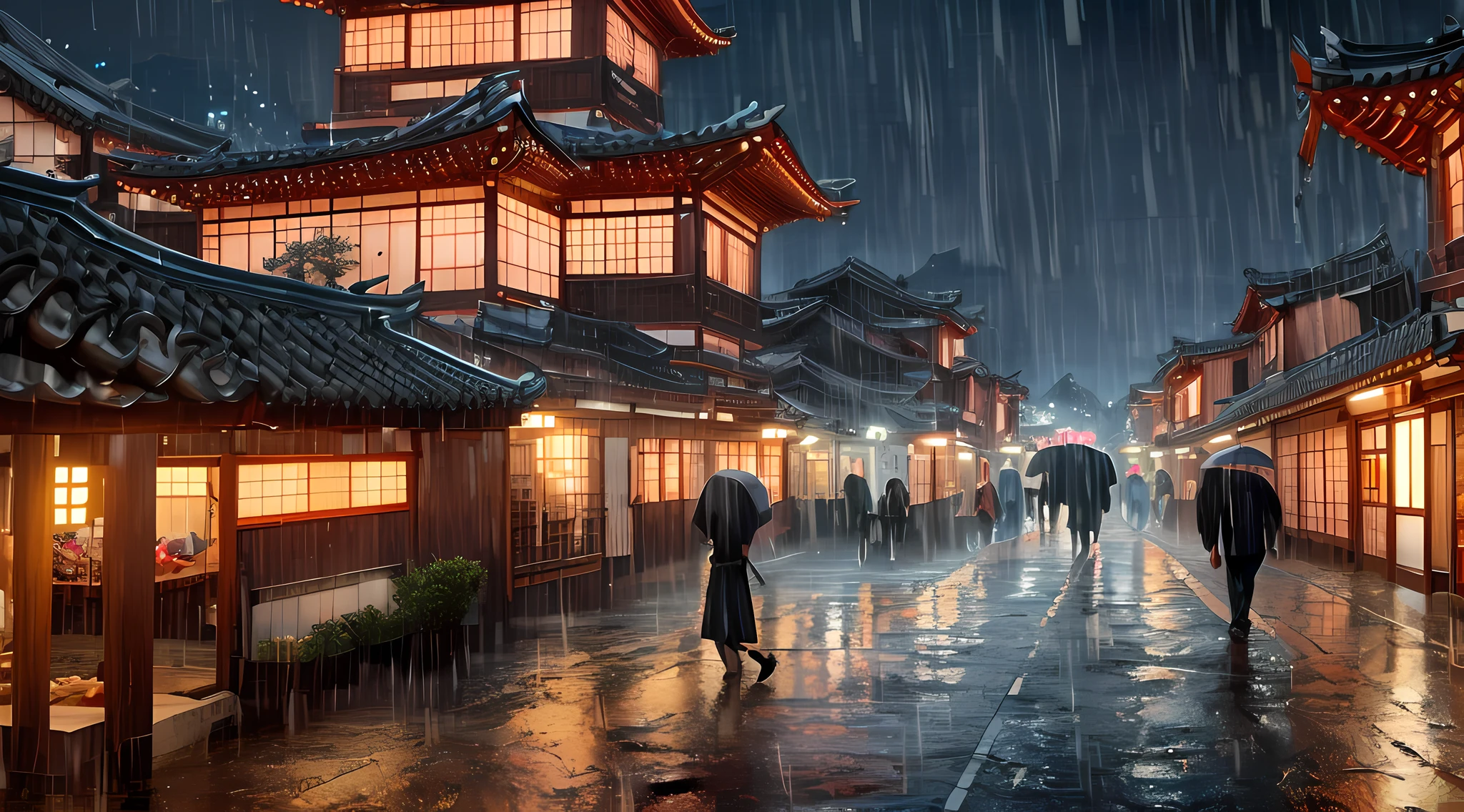 arafed view of a village with a lot of lights on the buildings, dreamy chinese town, chinese village, amazing wallpaper, japanese town, japanese village, hyper realistic photo of a town, old asian village, japanese city, by Raymond Han, rainy evening, cyberpunk chinese ancient castle, beautifully lit buildings, at evening during rain, beautiful and aesthetic, photography, cinematic, 8k, high detailed ((Heavy rain)))