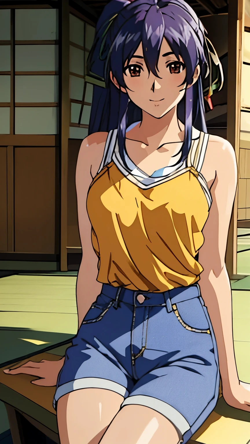 cg, unity, 8K, wallpaper, highest quality, masterpiece, haruka amami, realistic texture　:1.3、(smile: 1.2), sit on the veranda, Yellow camisole BREAK denim shorts, barefoot, thighs, Sweat, best writing, complicated pupil, complex fibers, detailed background, Japanese countryside town, She shows the viewer a popsicle in her hand.