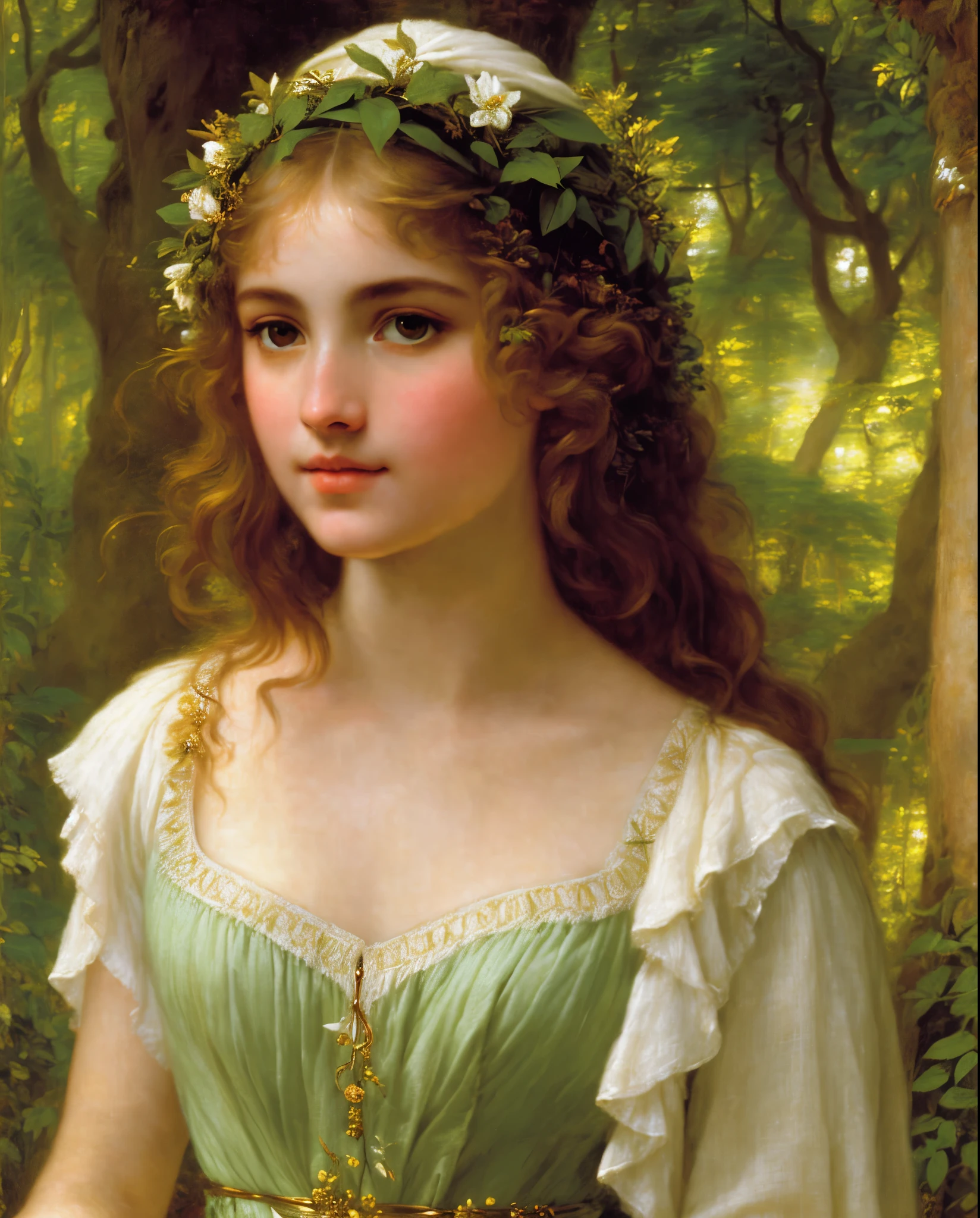 Greek Goddess linen clothes, An elf in a vegetative forest in John William Waterhouse style, by Peter Paul Rubens, featuring lush detailing, distinctive noses, and traditional oceanic art in high detail, close-up, light gold, and green, best quality, masterpiece,sfw