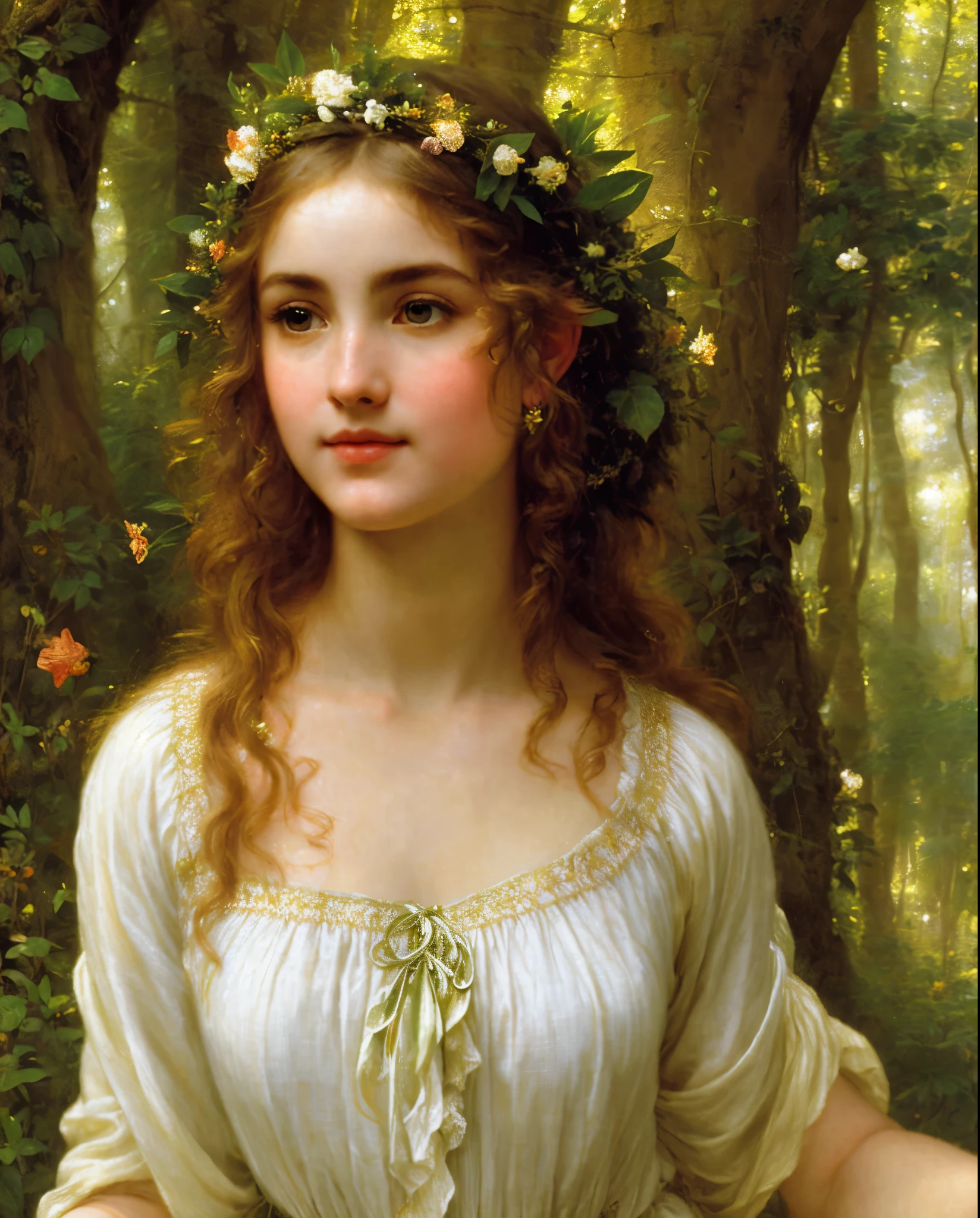 Greek Goddess linen clothes, An elf in a vegetative forest in John William Waterhouse style, by Peter Paul Rubens, featuring lush detailing, distinctive noses, and traditional oceanic art in high detail, close-up, light gold, and green, best quality, masterpiece,sfw