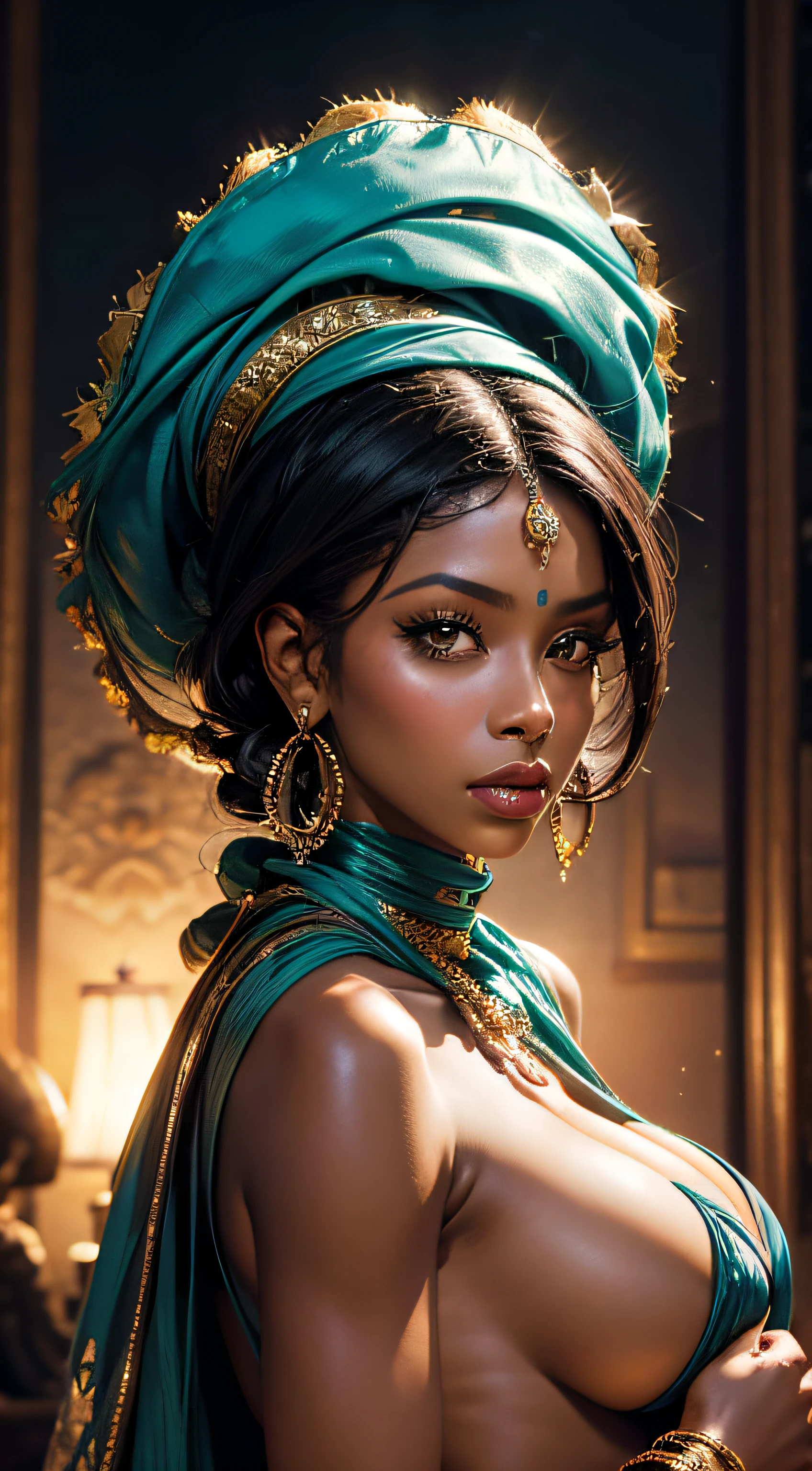 1 Caribbean woman, dark eyes, smaller head, toned body, big , head turban, traditional bohemian costume, Masterpiece, ultra HD, raw photos, 8k, professional photographer, photometric lights, sharp focus, realistic, proportional body, perfect hands, insane details, dynamic poses, dynamic angle, pastel color palettes