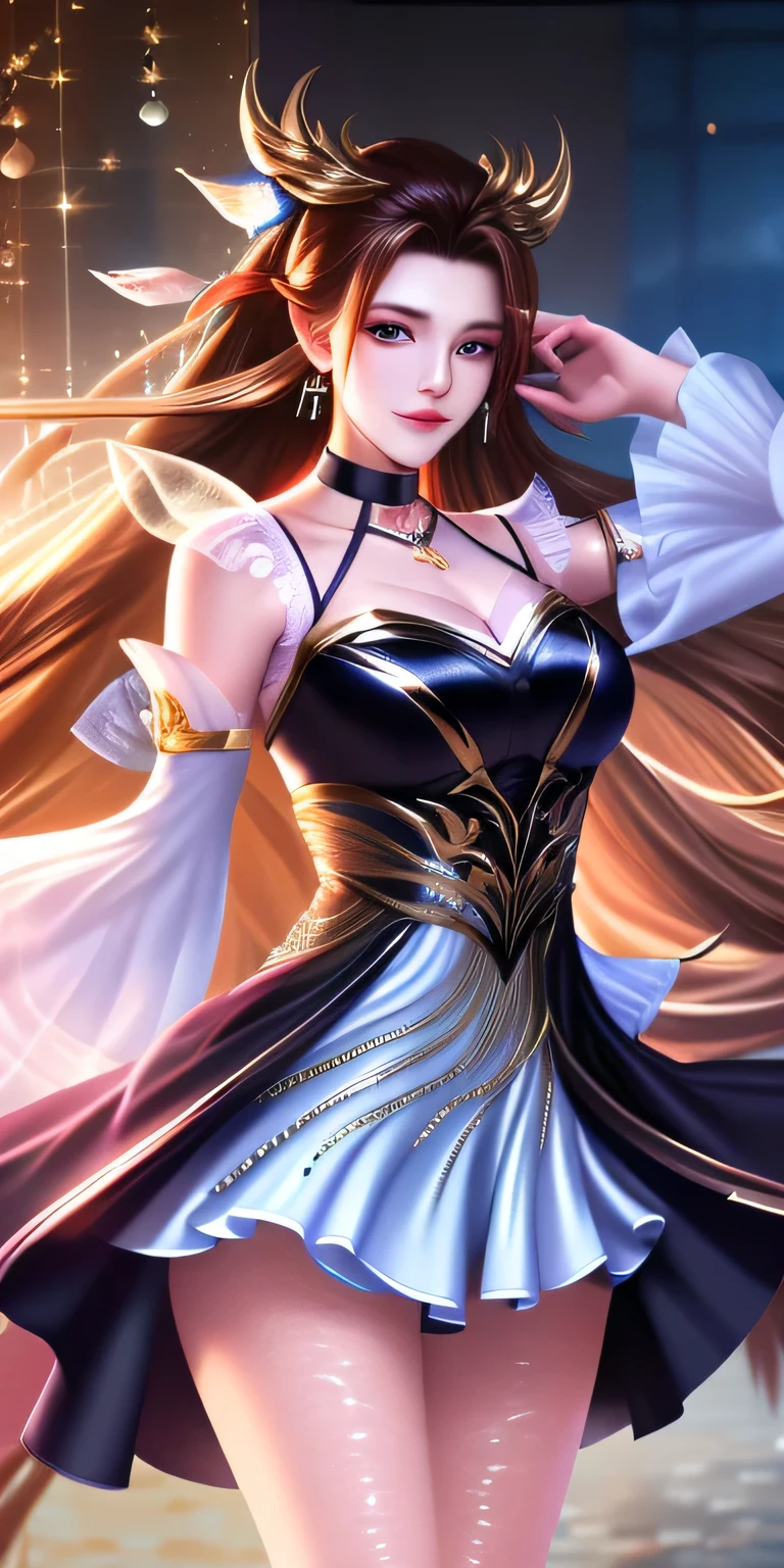 Best quality at best，tmasterpiece，A high resolution，1girl，Transparent silk porcelain dress，beautiful  face，hair adornments，looking at viewert，ssmile，closing the mouth，cparted lips，shift dresses，hair adornments，choker necklace，jewely，long whitr hair，耳?????? Ring，beautiful  face，upon body，dingdall effect，Realism，dark studio，edge lit，twotonelighting，（highdetailskin：1.2），8k uhd，digital SLR camera，softlighting，high qulity，Volumetriclighting，sneak shot，photore，A high resolution，4k，8k，Background bokeh extreme products,tmasterpiece,whaite hair,Purple eyes,Black clothes red red yellow texture,Overlooking，standing on your feet,Hairline,Fair skin,SideBraid，Mature luxury，whitelegwear，