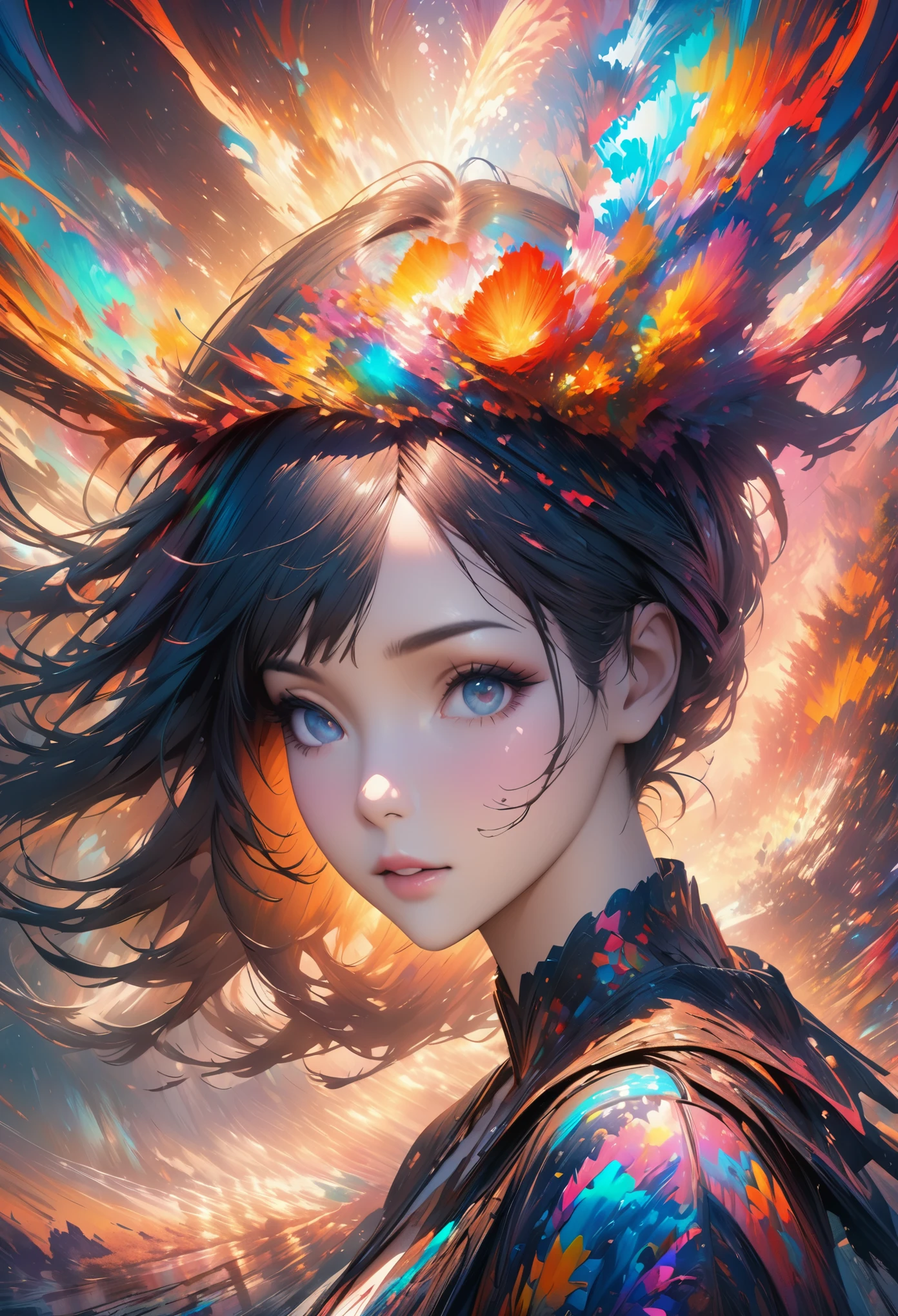 masterpiece,best quality,1girl,fractal art,realistic anime style,abstract art,colorful,highest detailed,
