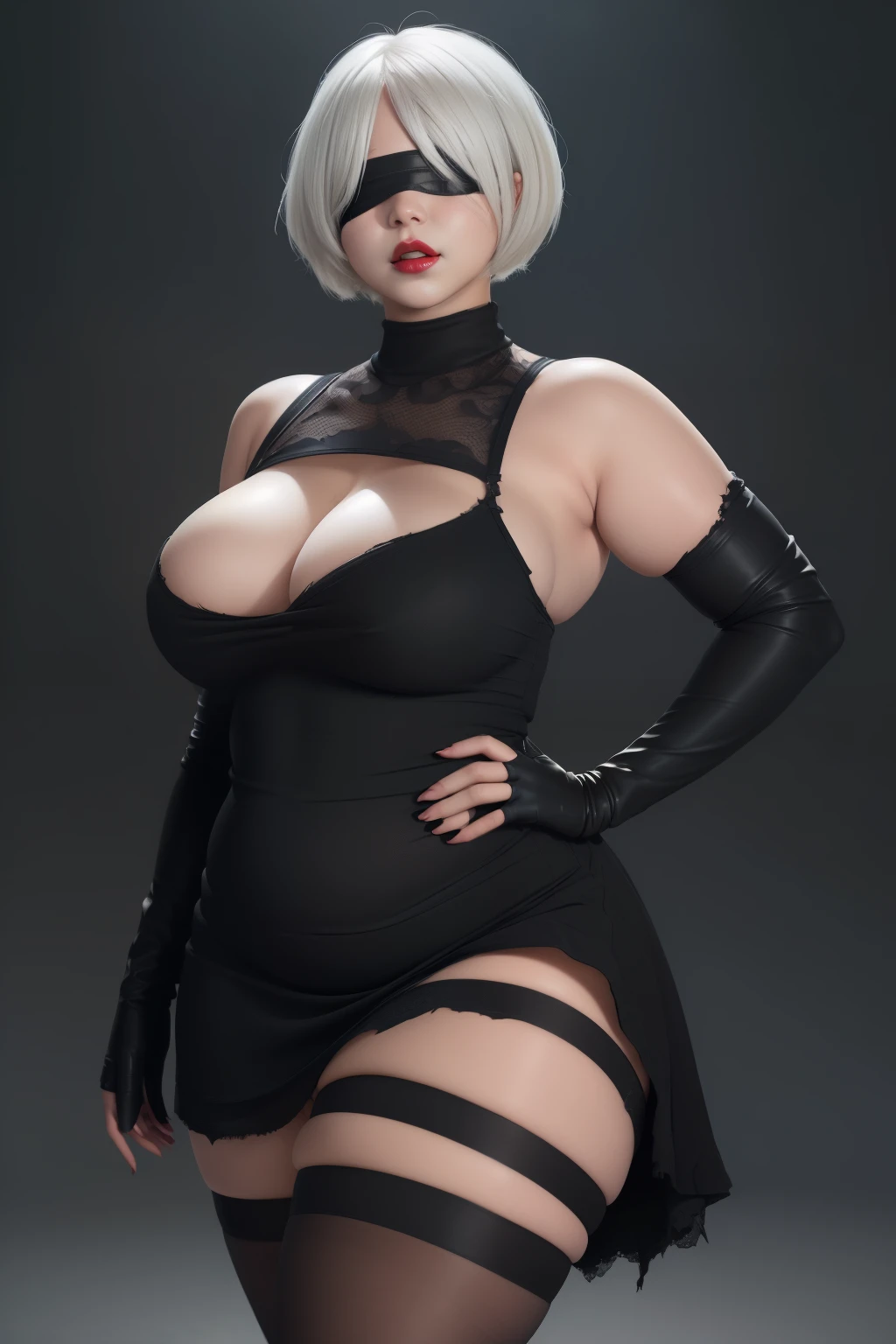 ((masterpiece)), ((photorealistic)), ((8k wallpaper)), ((best quality)), (perfect quality), solo, girl, Yorha 2b, short white hair, pose: ( shy pose, arm on waist,  pose), face: ( very beautiful face, perfect face, blindfold, makeup, young, round face, red lips), figure: (very full body, big breasts, (very thick), (very curvy), (very chubby), (very chubby belly), (very chubby belly bottom), wide waist, (big deep navel), thick thighs), clothes: (tight black short dress, ripped dress, torn dress, blindfold, black tights)