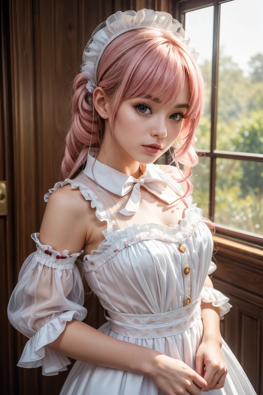 Super delicate cute girl wearing a Lolita dress with pink hair. 8K ultra-high image quality, delicate texture, pure white background.