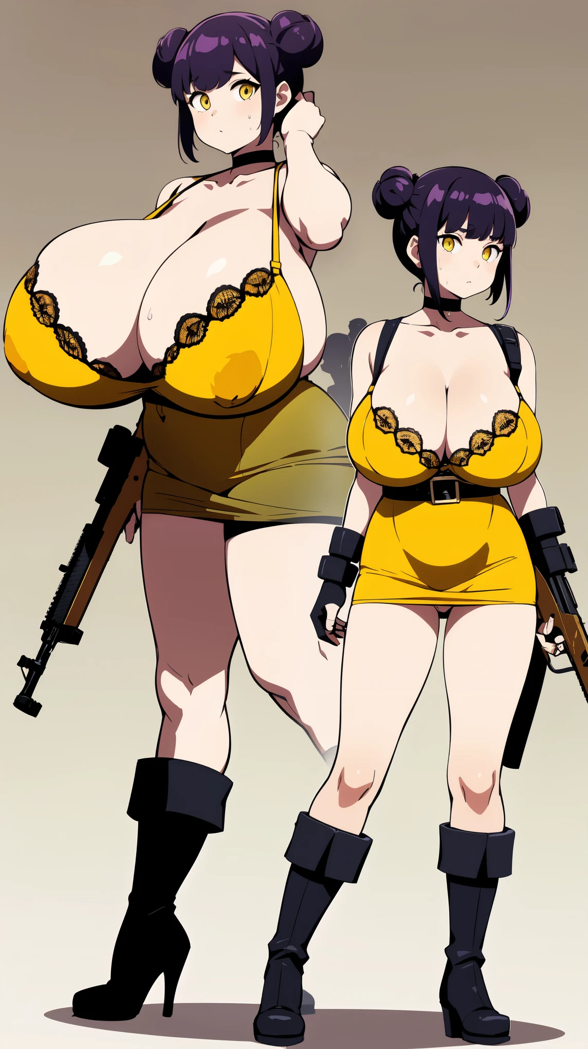 Slime girl, (slime), Slime hair Double buns hair style, Pumpkin Orange, weapon belt, Masterpiece, Best Quality, gigantic breasts, slime girl, slime girl, purple hair, lavender hair, yellow clothes, weapon belt around waistline, rifle, long rifle, AR-15 Rifle, assault rifle, exposed yellow bra, yellow clothing, wearing yellow clothing, fully body view, tight yellow dress, Rifle in hand, mature woman, gorgeous, perverted, sexy, yellow dress, exposed chest, exposed bra, exposed breast, black boots/heels, gold bracelets around wrist, holding rifle, aiming with rifle, tactical stance, tactical gear, sweaty body, long legs, tall woman, lustful yellow eyes, yellow lingerie , Slime girl, (slime), Slime hair Double buns hair style, Pumpkin Orange, weapon belt, Masterpiece, Best Quality, gigantic breasts, slime girl, slime girl, purple hair, lavender hair, yellow clothes, weapon belt around waistline, rifle, long rifle, AR-15 Rifle, assault rifle, exposed yellow bra, yellow clothing, wearing yellow clothing, fully body view, tight yellow dress, Rifle in hand, mature woman, gorgeous, perverted, sexy, yellow dress, exposed chest, exposed bra, exposed breast, black boots/heels, gold bracelets around wrist, holding rifle, aiming with rifle, tactical stance, tactical gear, sweaty body, long legs, tall woman, lustful yellow eyes, yellow lingerie, mature body, mature face, dark purple hair color, purple hair