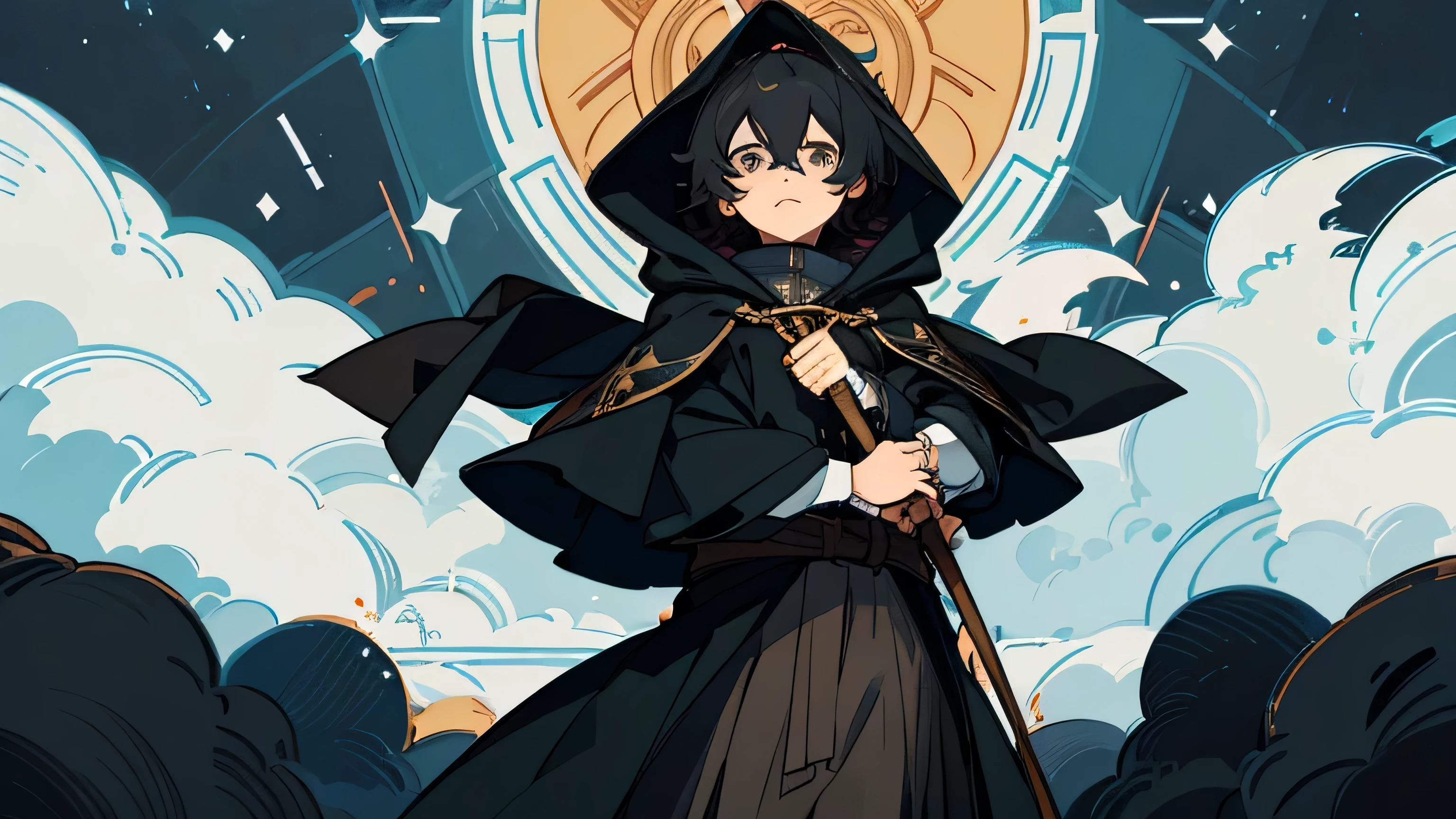 boy wearing a black hooded cloak, black hair, high quality, best image quality