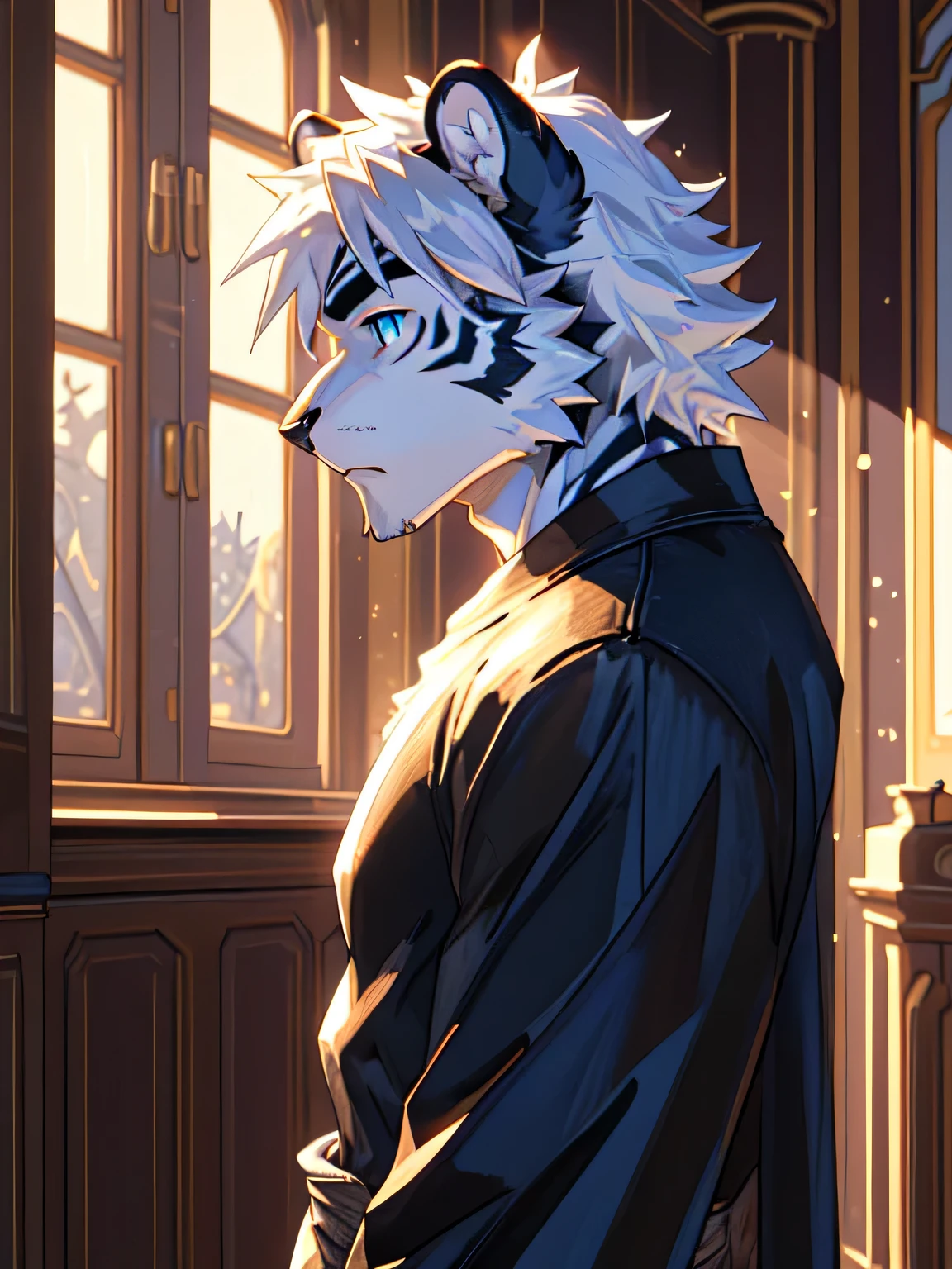 watercolor,Ukiyo-e art,etching,Sunlight,natural lighting,etching,Kyoto Manga,male,juvenile,hairy,White Tiger,(((pure white fur))),(((black and blue pattern)))),(((white hair))),blue eyes,(((Strong body))),face close-up,whole body,octave render,High purity shades,high detail,high quality,third person perspective,(((Nude from the waist up)))