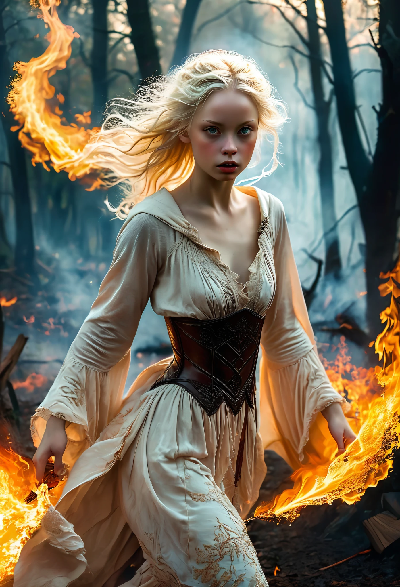 cover of a Fantasy book with an albinos Beautiful girl running in the forest in fire, in the night, (((elle a peur:1.5, elle pleure:1.5))), coverbook, chaotic scene, the background is a night city on fire, elle porte une robe en lambeaux:1.5, (((des poursuivant armés la suivent))), 8K, realistic.HD, 4K, HD, De vrais visages, Cinematography L&#39;image doit avoir un rapport hauteur/largeur de 1:1.6, et mesurez au moins 2,500 pixels on the longest side.
