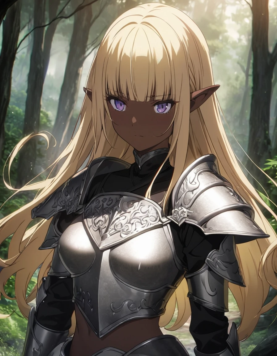 A stunning, ultra-high-resolution anime masterpiece featuring a slender dark elf woman, adorned in medieval plate mail armor. Her tan skin contrasts with her blonde, straight hair that falls to her waist and frames her face, which is partially obscured by a curtain of blunt bangs. She stands confidently amidst a forest backdrop, with a volcano in the distance, as volcanic ash swirls around her. The intricate details of her armor and the high-quality rendering of the scene create a captivating and dynamic visual experience., anime