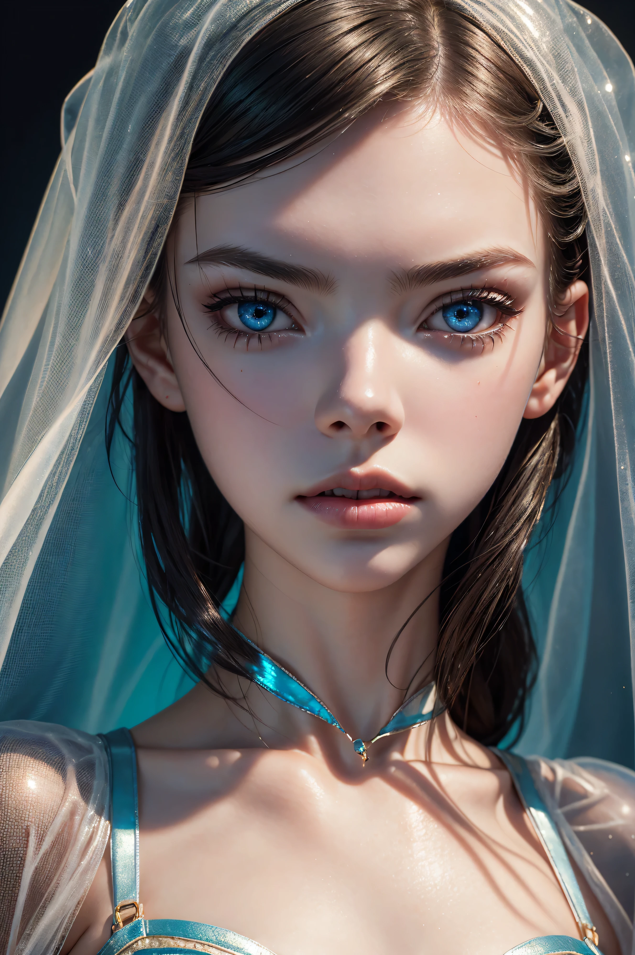 Anya Taylor-Joy, wearing veil bride latex costume transparent. professionally retouched, soft lighting, realistic, smooth face, perfect eyes, sharp focus on eyes, 8 k, high definition, insanely detailed, intricate, elegant. against the background of the Notre Dame Cathedral.