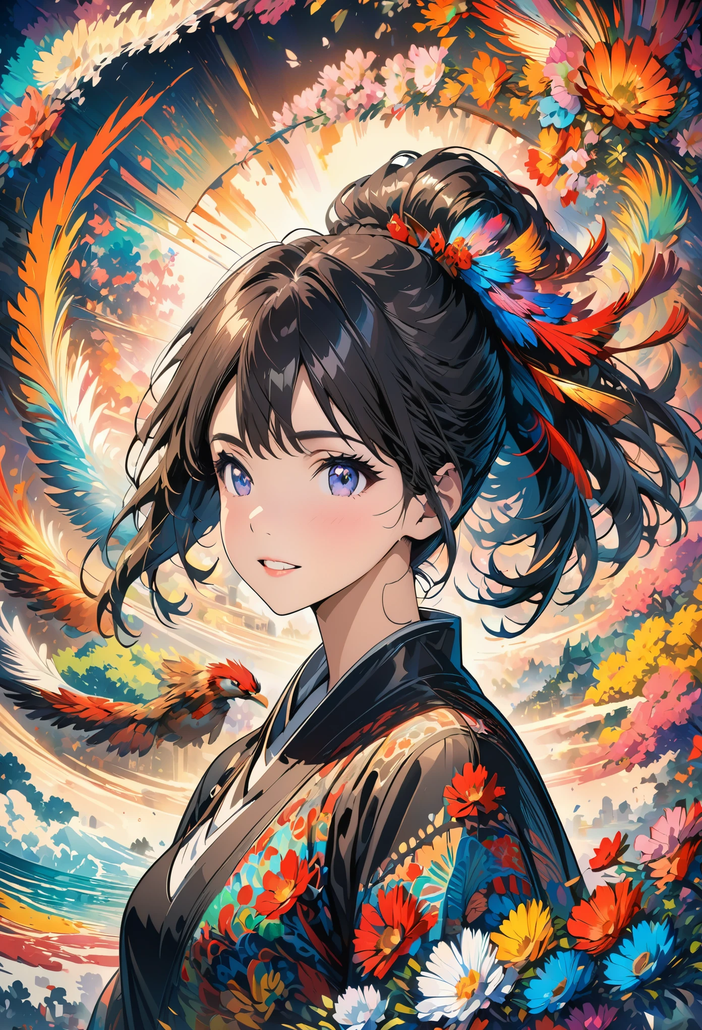 Zen painting illustration,anime art style,masterpiece,top quality,best quality,official art,beautiful and aesthetic,(1girl:1.2),extremely detailed,colorful,flowers,highest detailed,zentangle,abstract background,shiny skin,many colors,feathers,